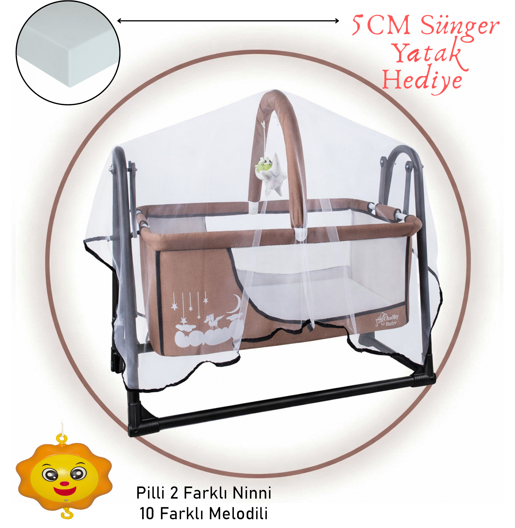 Müzikli Melodi Kutulu Candy Sepet Beşik – Sallanır, 2 Peluş Oyuncaklı Beşik