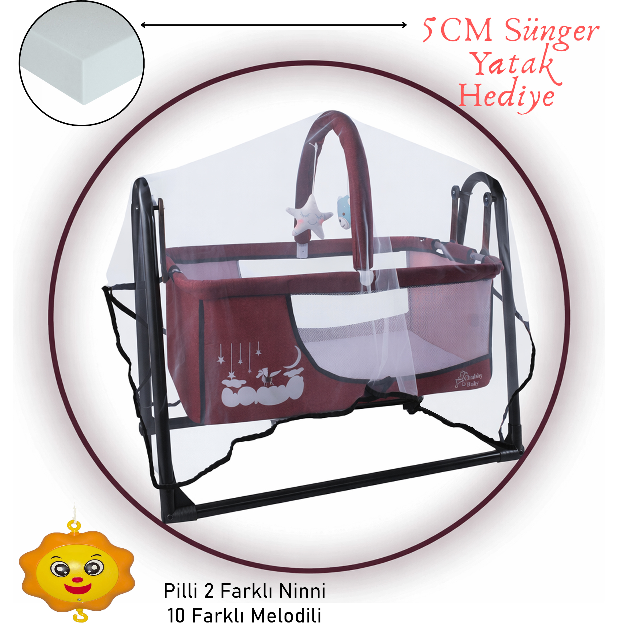 Müzikli Melodi Kutulu Candy Sepet Beşik – Sallanır, 2 Peluş Oyuncaklı Beşik