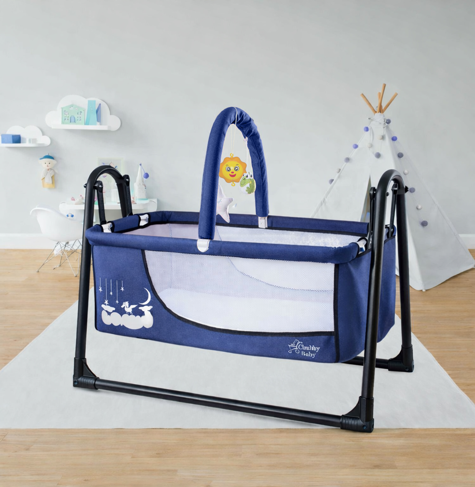 Müzikli Melodi Kutulu Candy Sepet Beşik – Sallanır, 2 Peluş Oyuncaklı Beşik