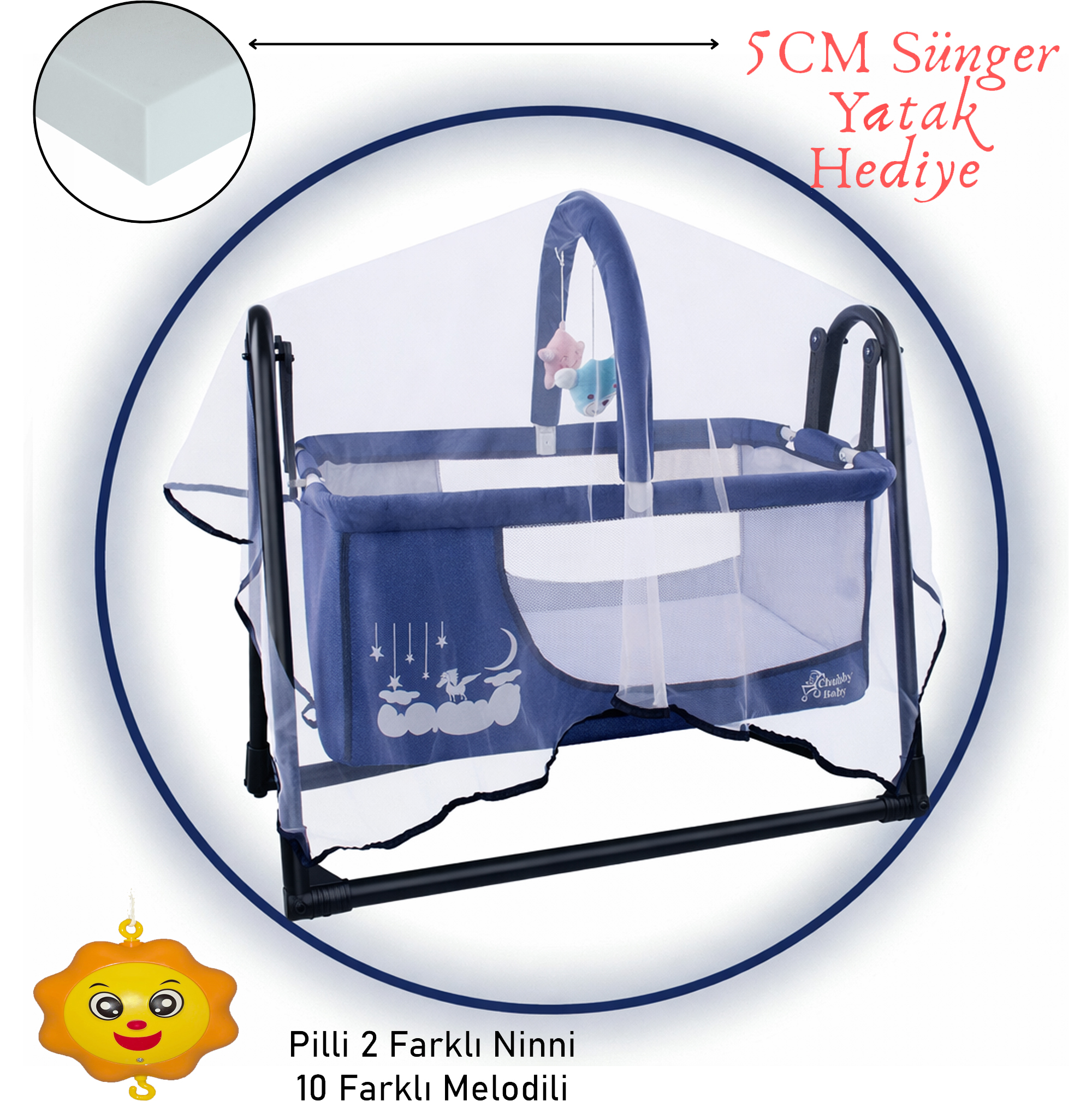 Müzikli Melodi Kutulu Candy Sepet Beşik – Sallanır, 2 Peluş Oyuncaklı Beşik