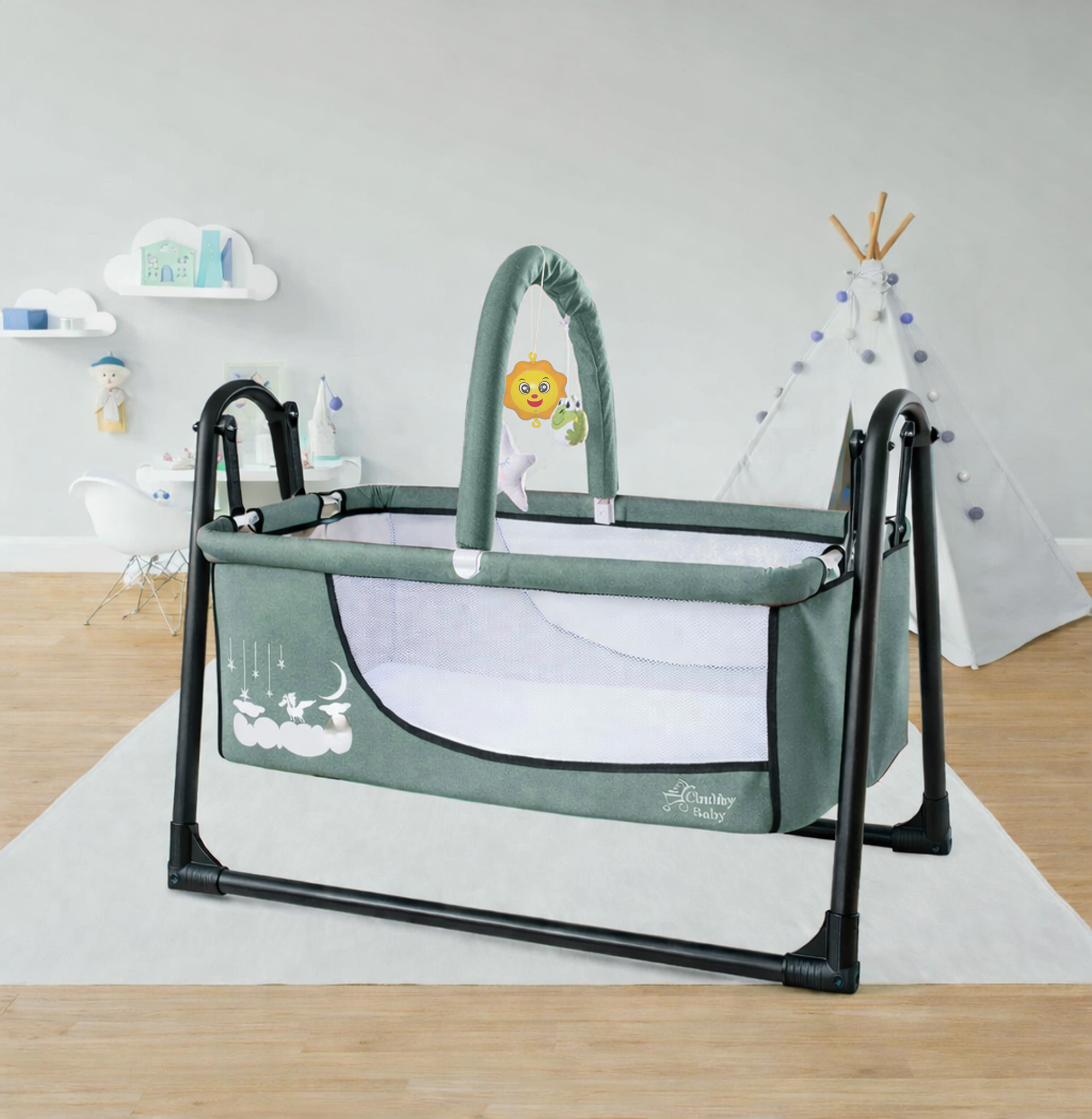 Müzikli Melodi Kutulu Candy Sepet Beşik – Sallanır, 2 Peluş Oyuncaklı Beşik