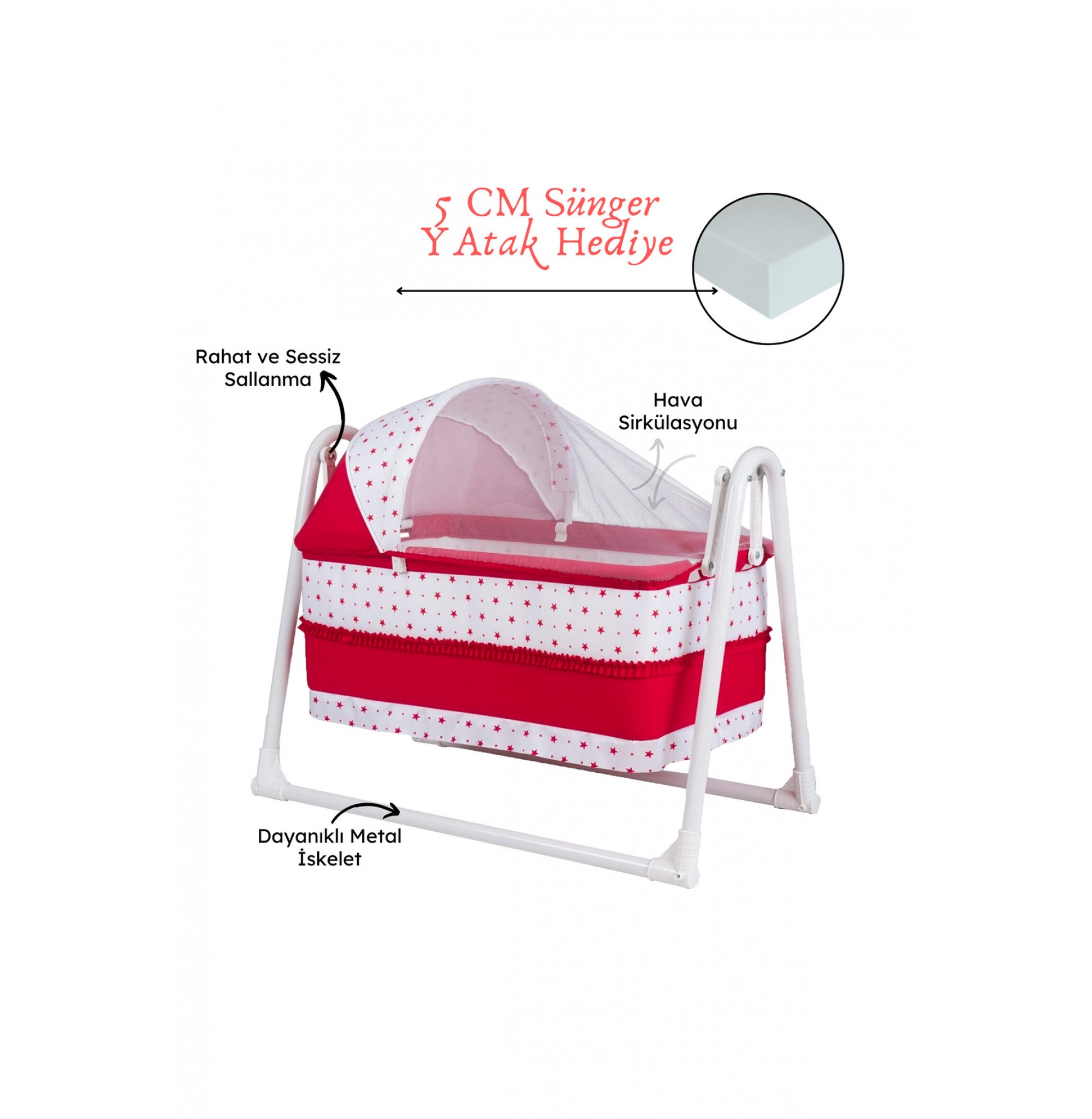 Lüks Sallanır Tenteli Portatif Sepet Beşik 5 CM SÜNGER YATAK
