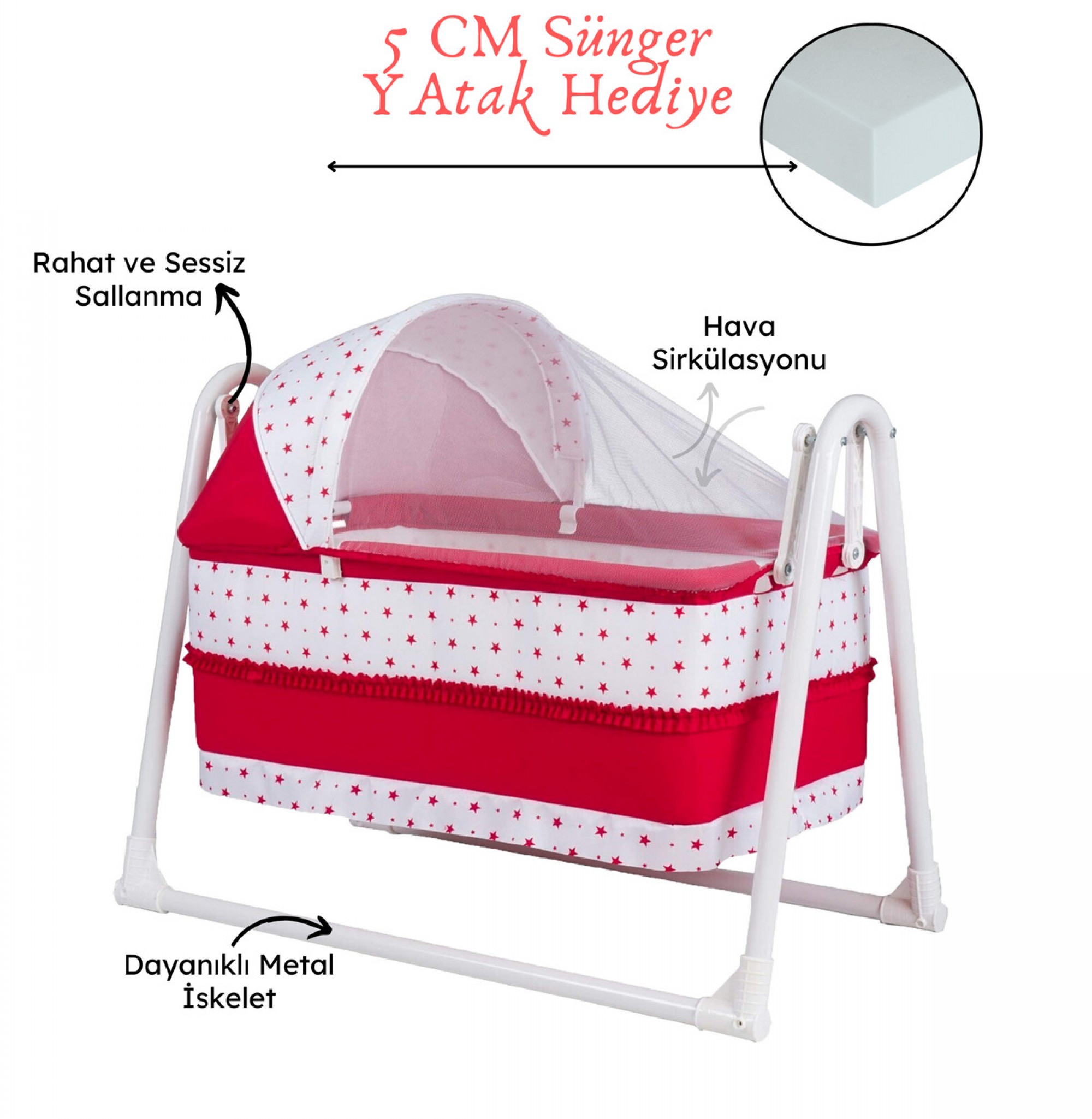 Lüks Sallanır Tenteli Portatif Sepet Beşik 5 CM SÜNGER YATAK