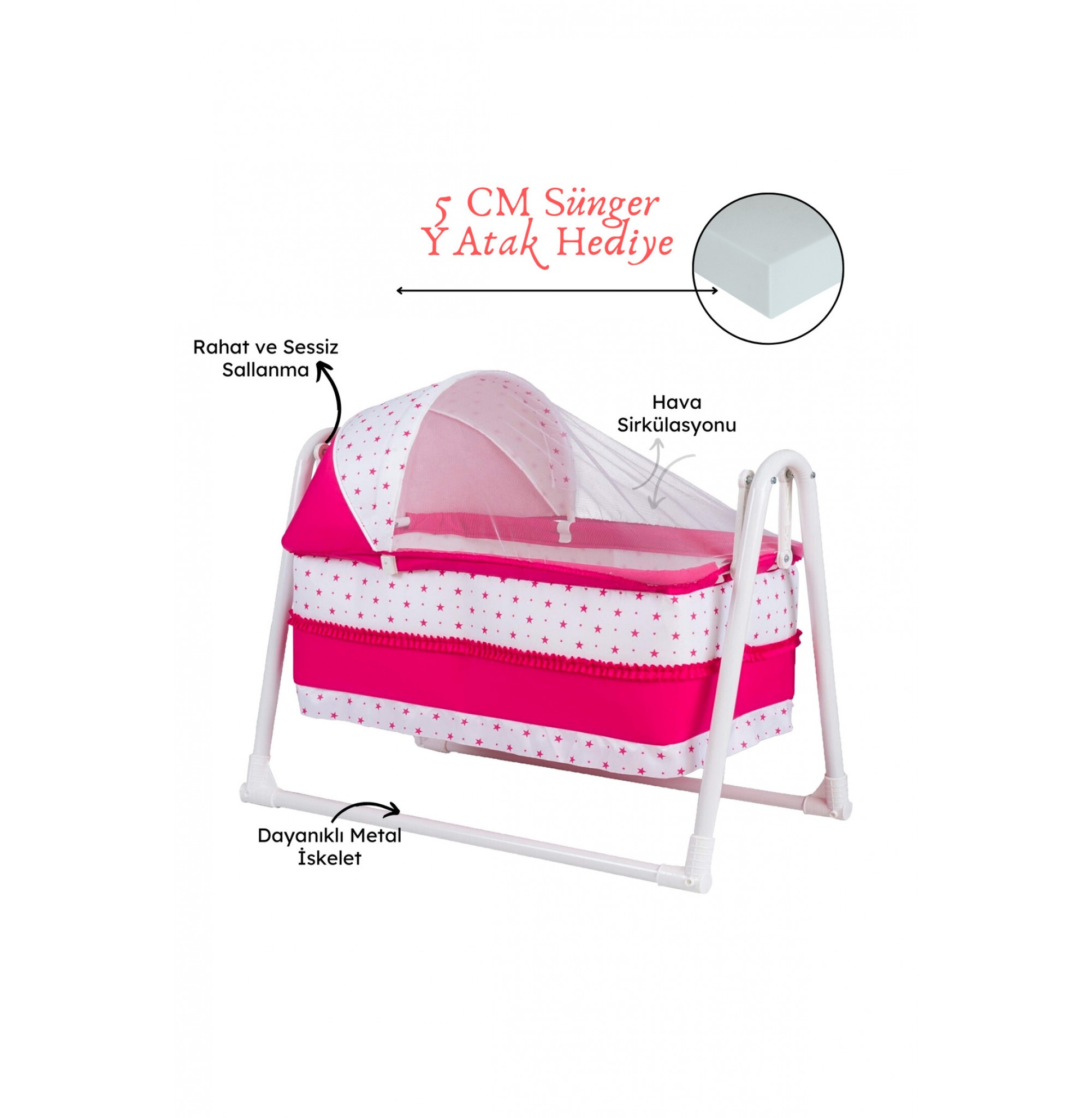 Lüks Sallanır Tenteli Portatif Sepet Beşik 5 CM SÜNGER YATAK