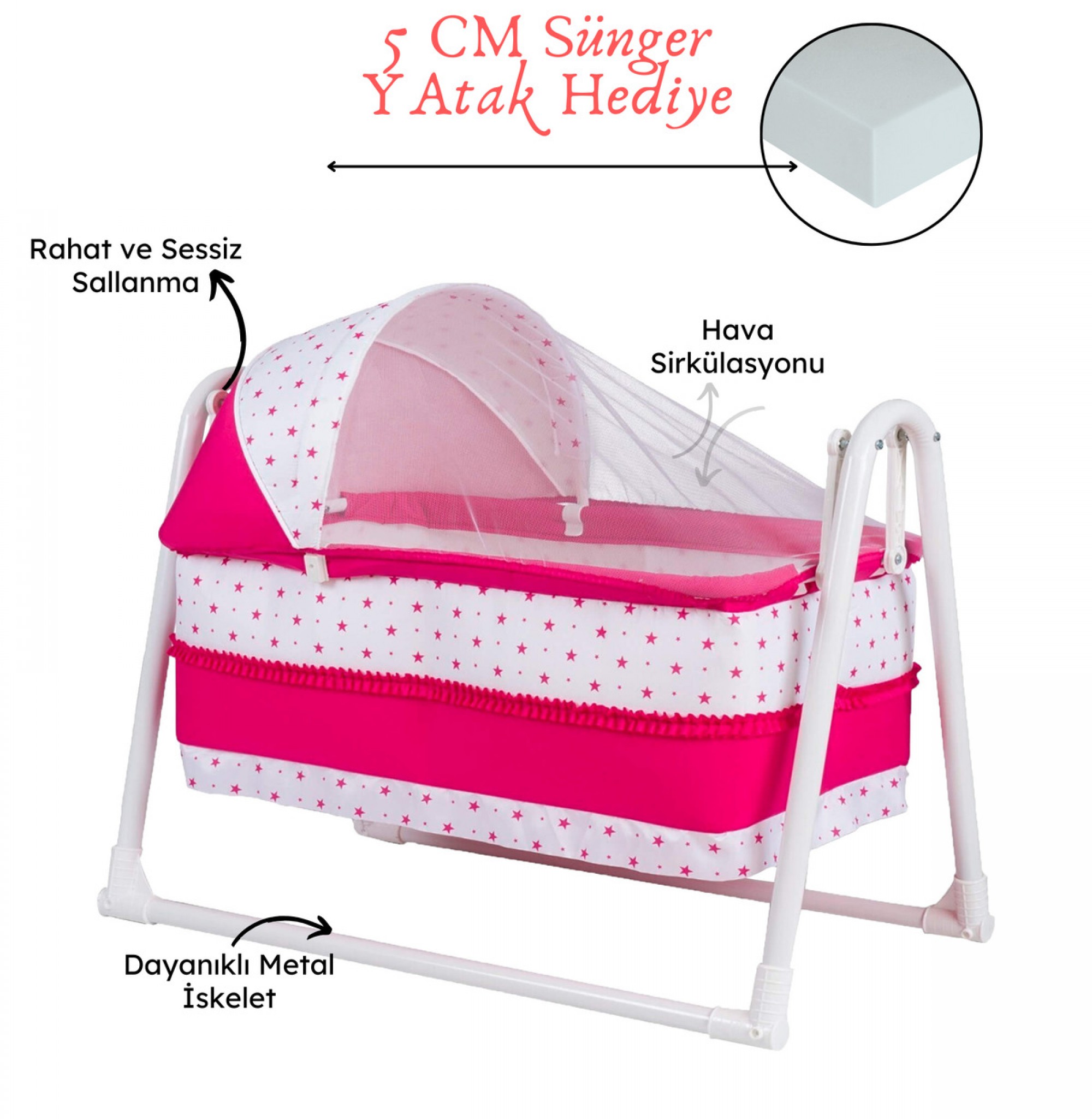 Lüks Sallanır Tenteli Portatif Sepet Beşik 5 CM SÜNGER YATAK