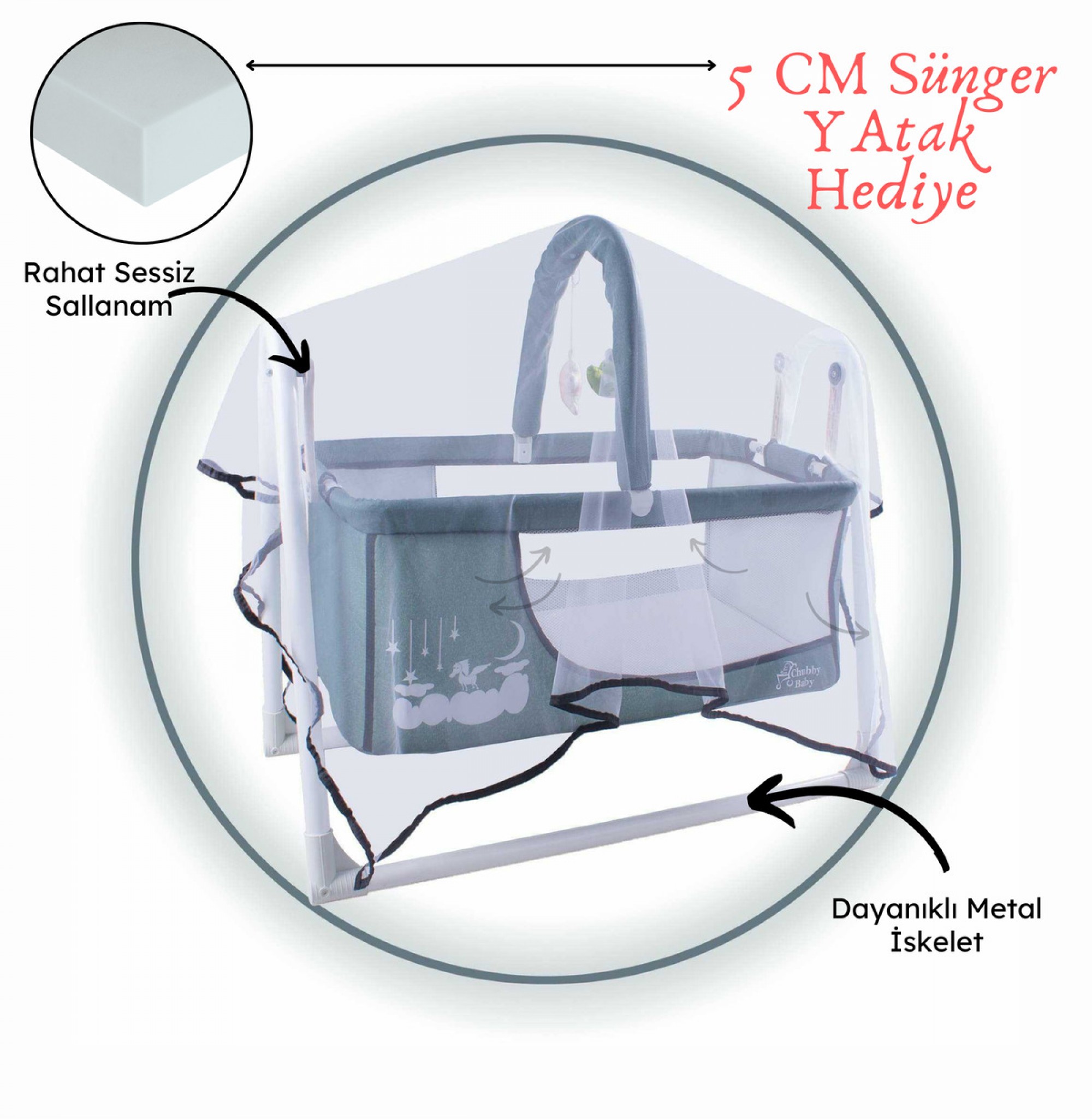 Candy Sepet Beşik Anne Yanı Portatif Beşik Yeşil