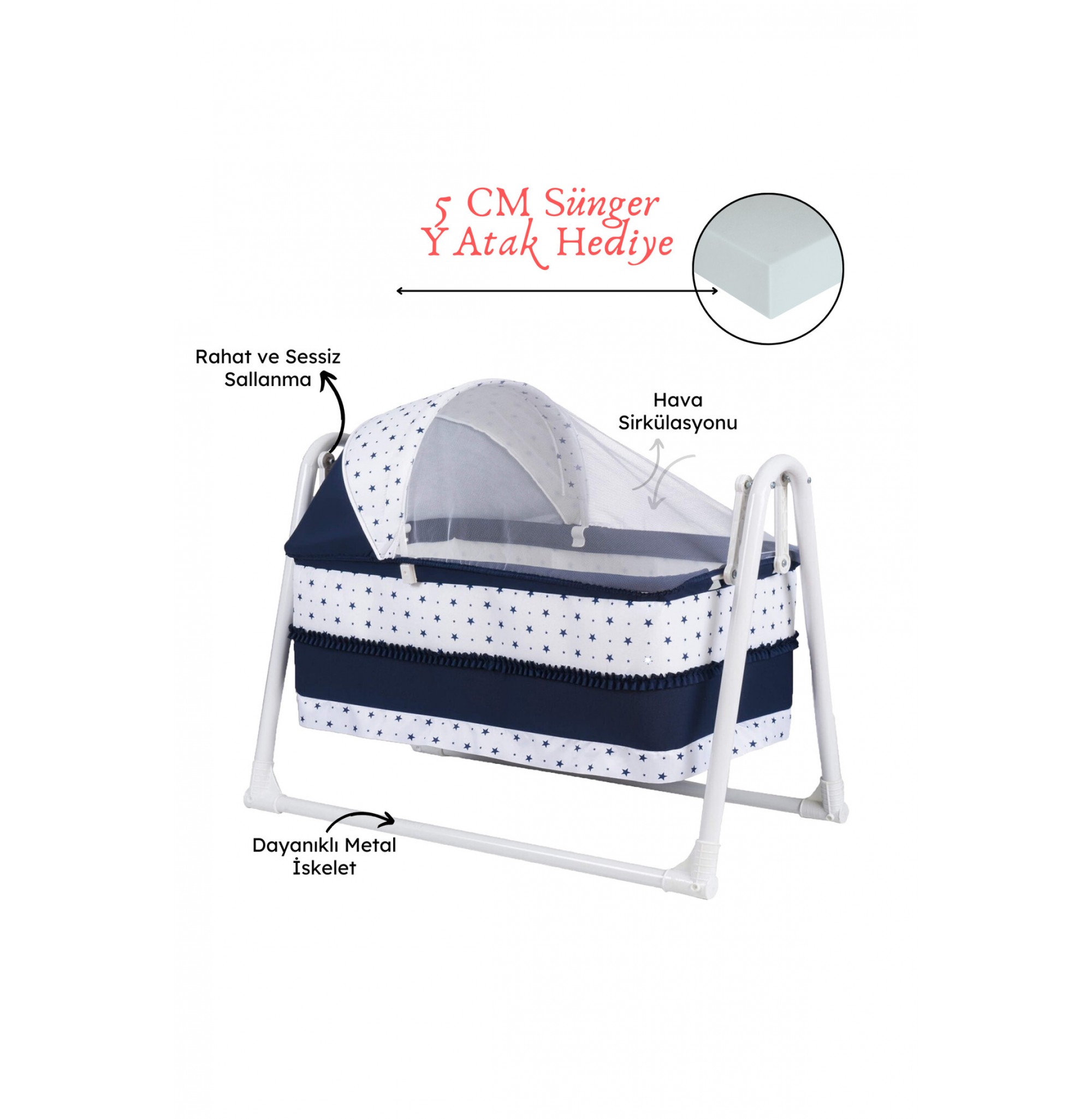 Lüks Sallanır Tenteli Portatif Sepet Beşik 5 CM SÜNGER YATAK