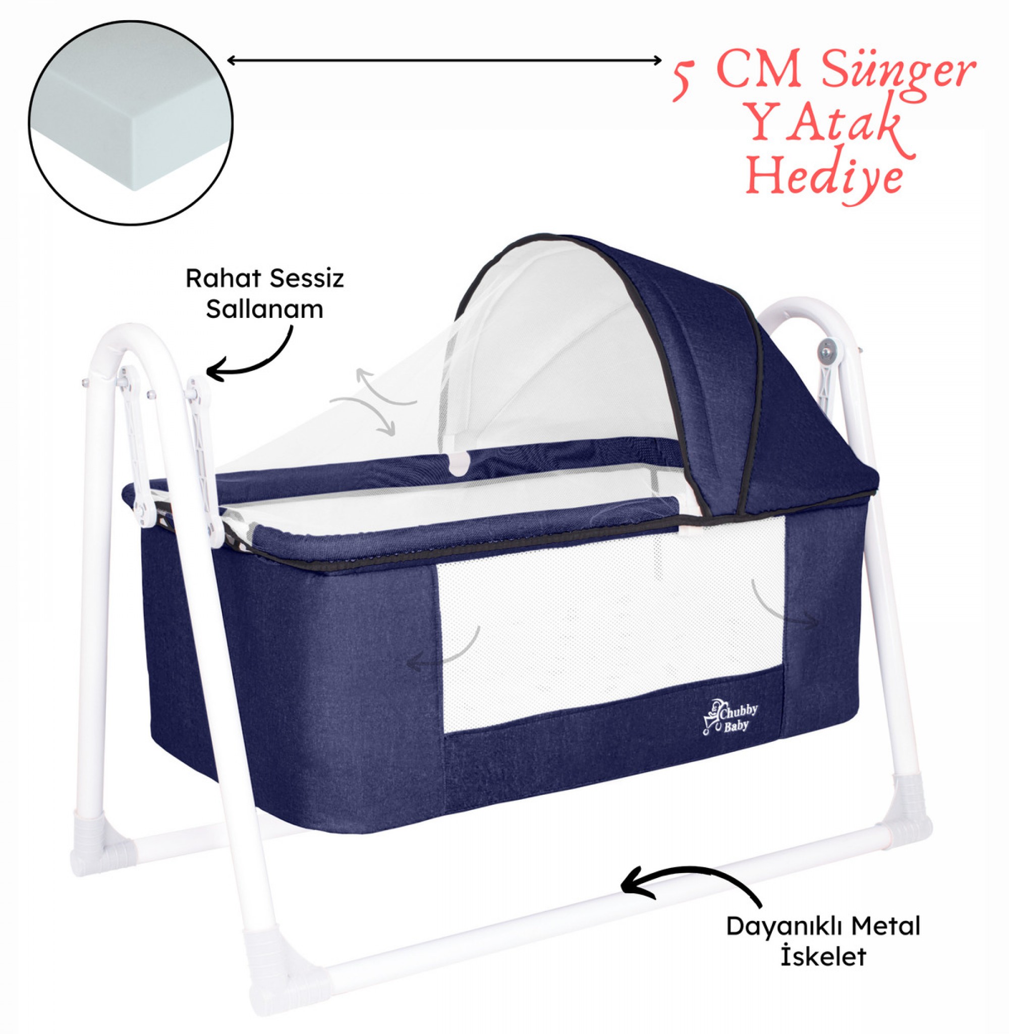 First Class Portatif-keten Tenteli Sepet Beşik Silinebilir Kumaş Lacivert