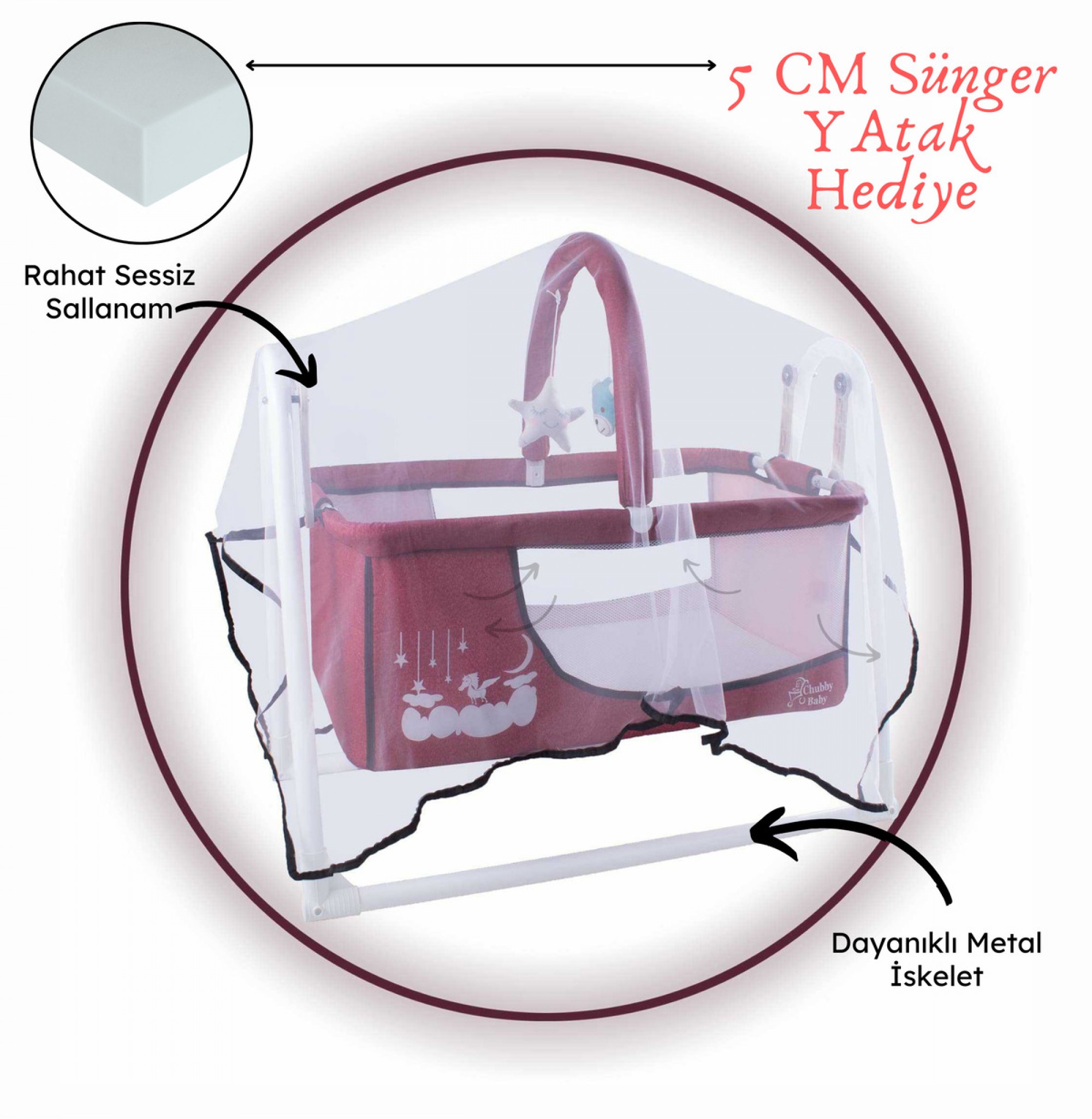 Candy Sepet Beşik Anne Yanı Portatif Beşik Kırmızı