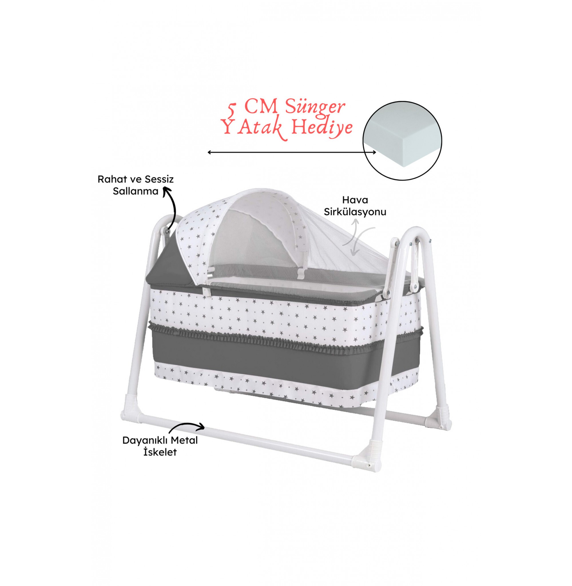 Lüks Sallanır Tenteli Portatif Sepet Beşik 5 CM SÜNGER YATAK