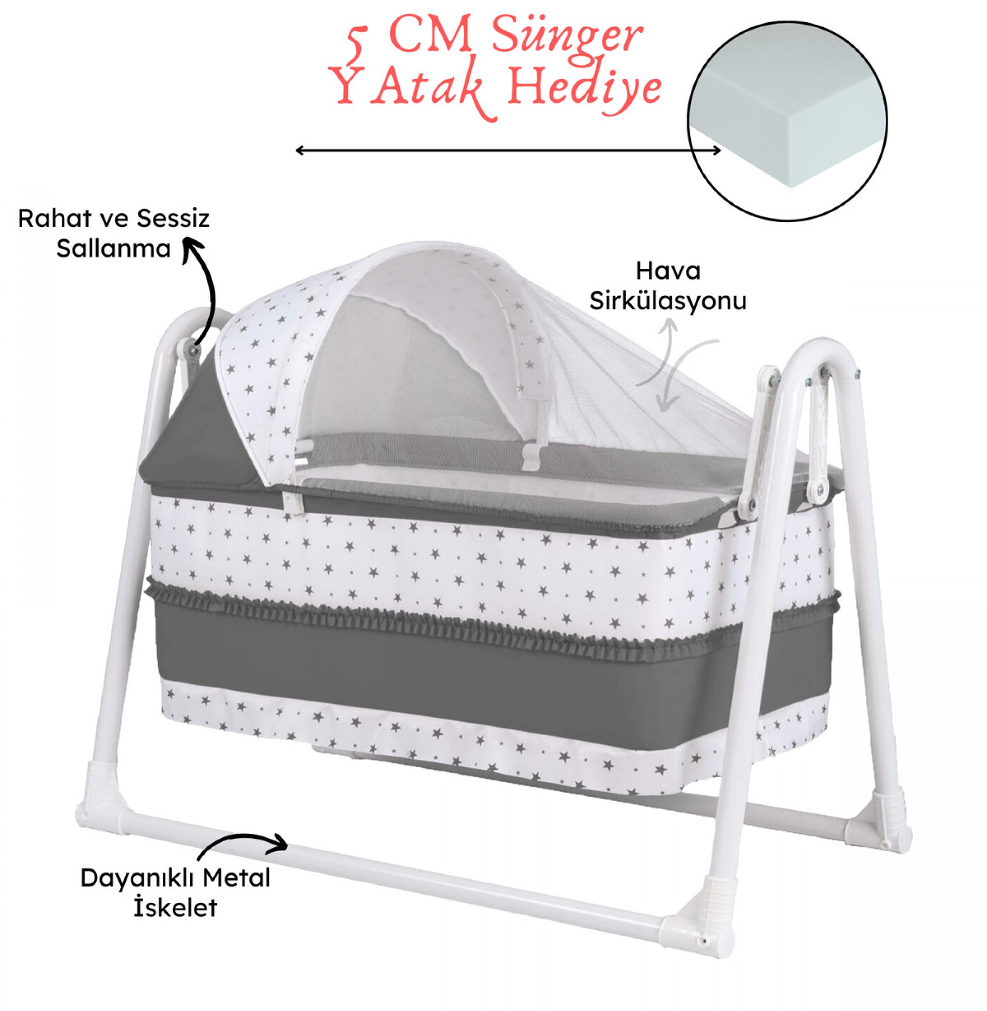 Lüks Sallanır Tenteli Portatif Sepet Beşik 5 CM SÜNGER YATAK