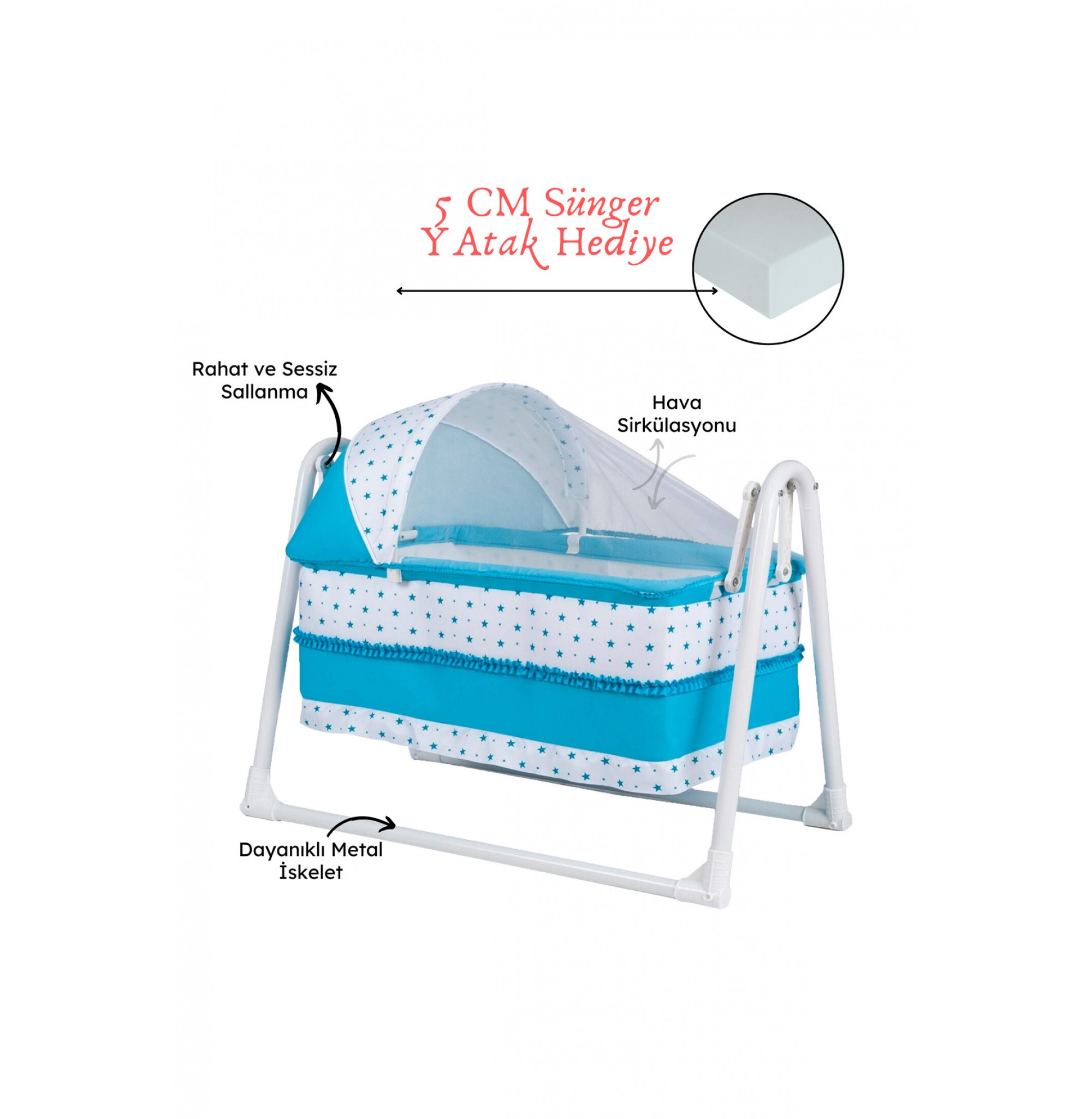 Lüks Sallanır Tenteli Portatif Sepet Beşik 5 CM SÜNGER YATAK