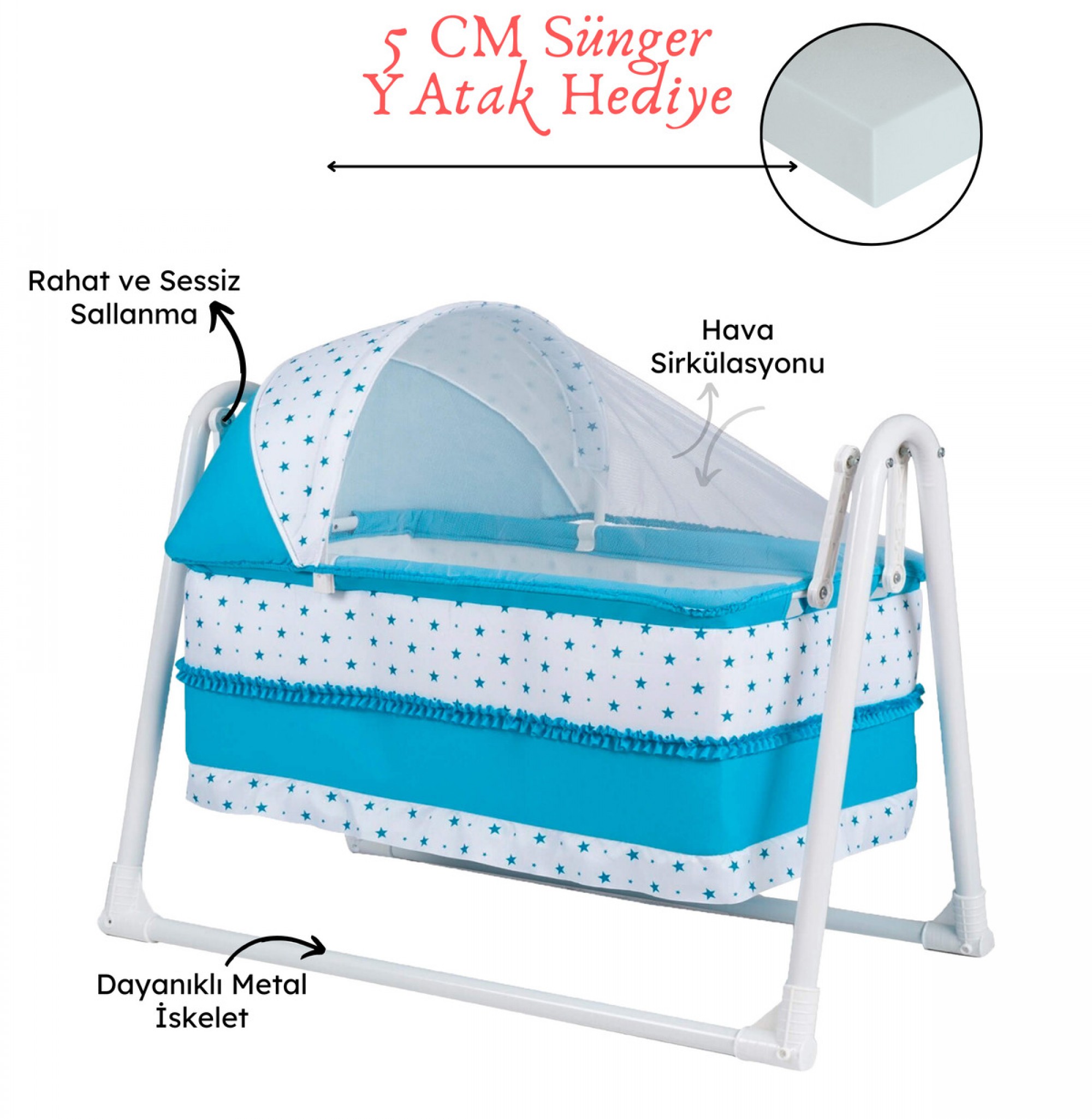 Lüks Sallanır Tenteli Portatif Sepet Beşik 5 CM SÜNGER YATAK