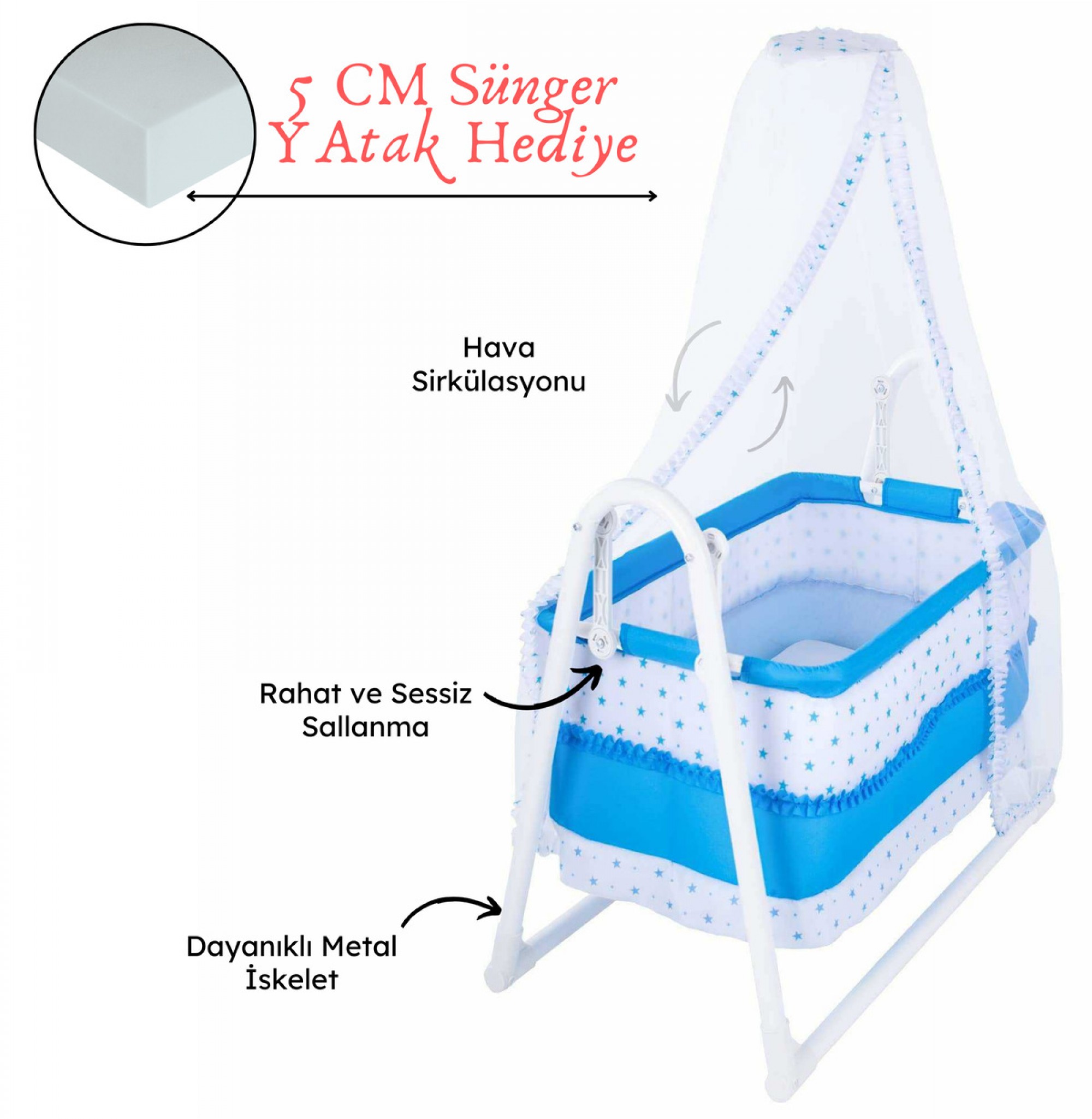 Lüks Sallanır Tüllü Portatif Sepet Beşik Kırmızı 5 CM SÜNGER YATAK