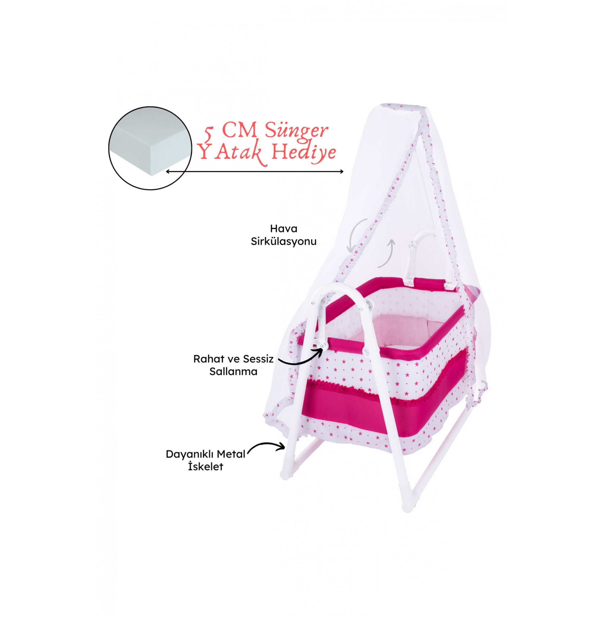 Lüks Sallanır Tüllü Portatif Sepet Beşik Kırmızı 5 CM SÜNGER YATAK