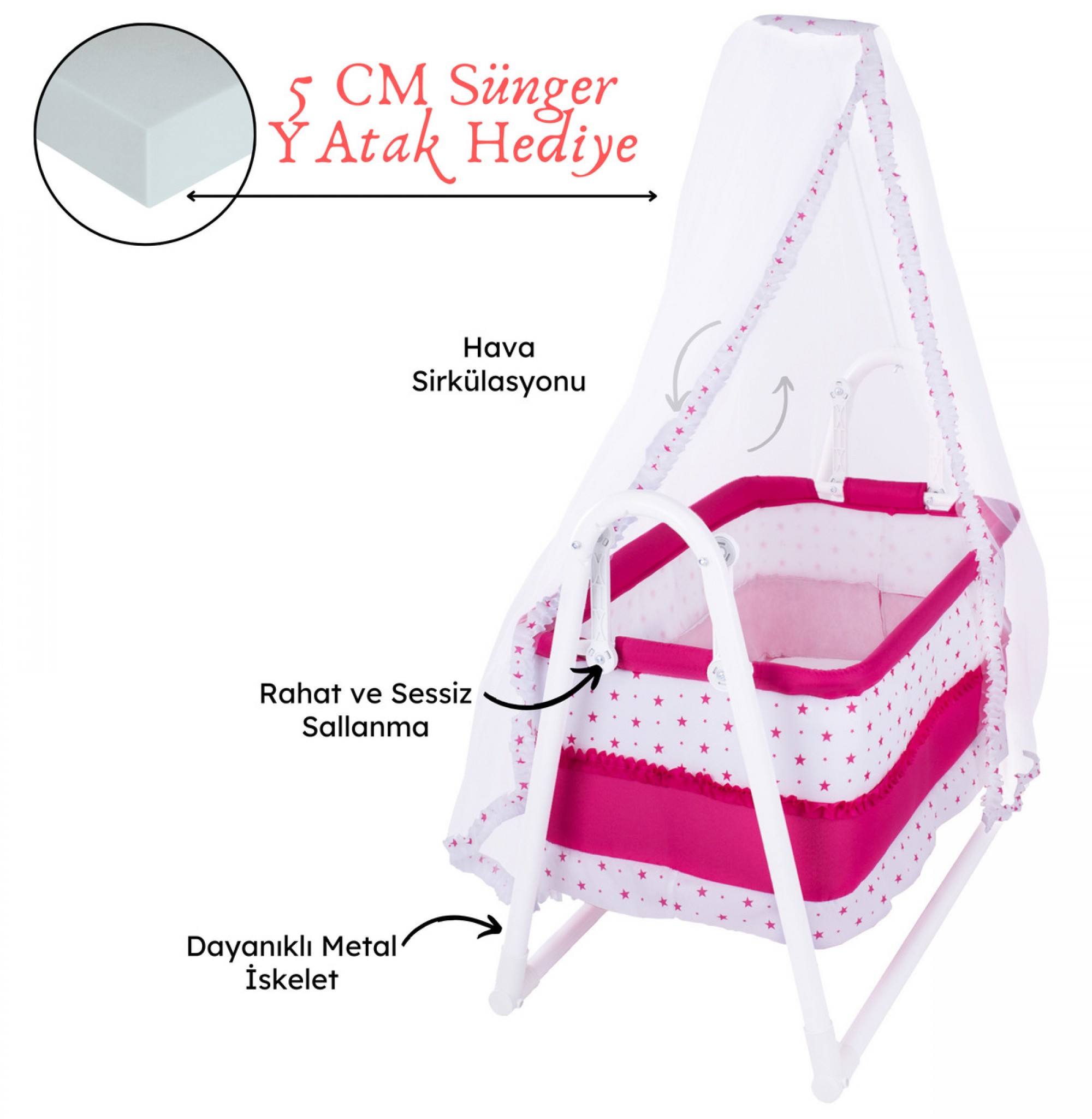 Lüks Sallanır Tüllü Portatif Sepet Beşik Kırmızı 5 CM SÜNGER YATAK