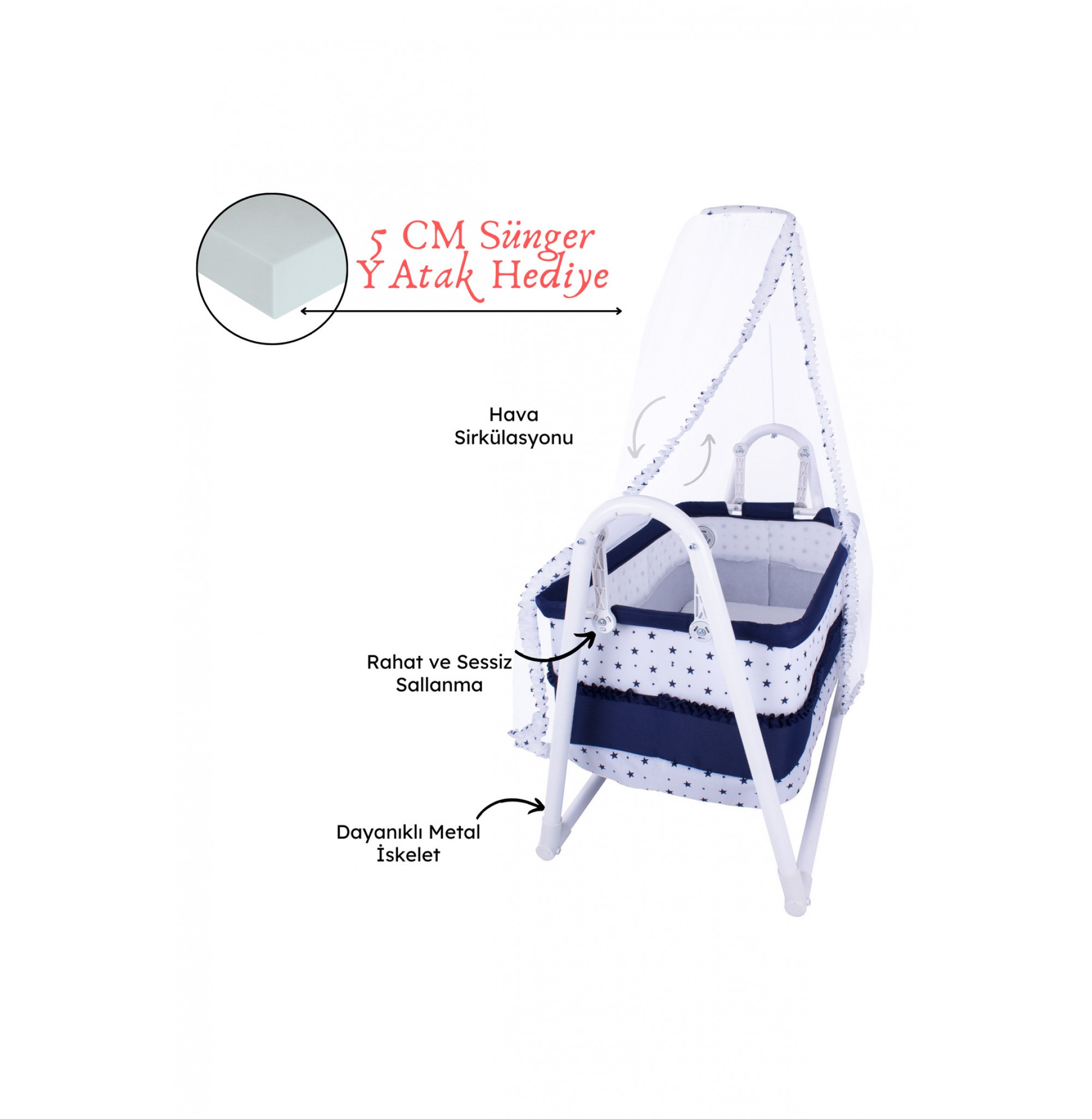 Lüks Sallanır Tüllü Portatif Sepet Beşik Kırmızı 5 CM SÜNGER YATAK