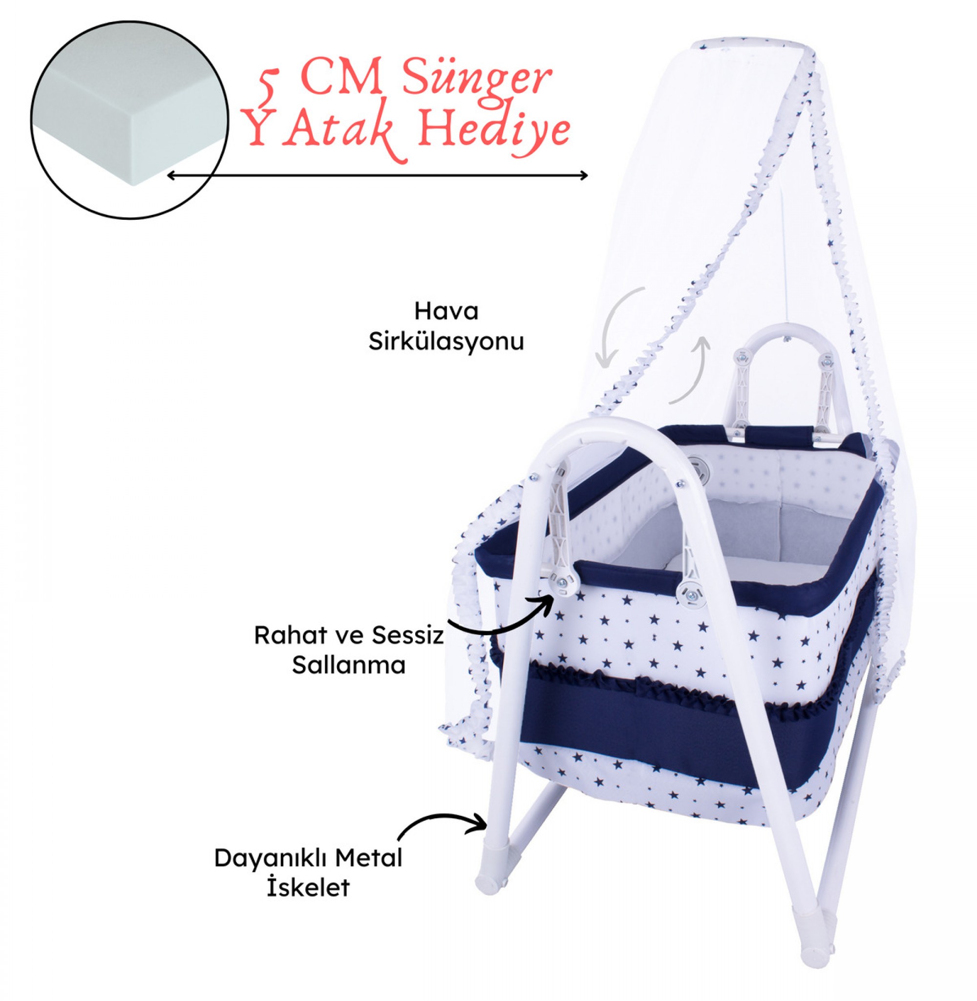 Lüks Sallanır Tüllü Portatif Sepet Beşik Kırmızı 5 CM SÜNGER YATAK