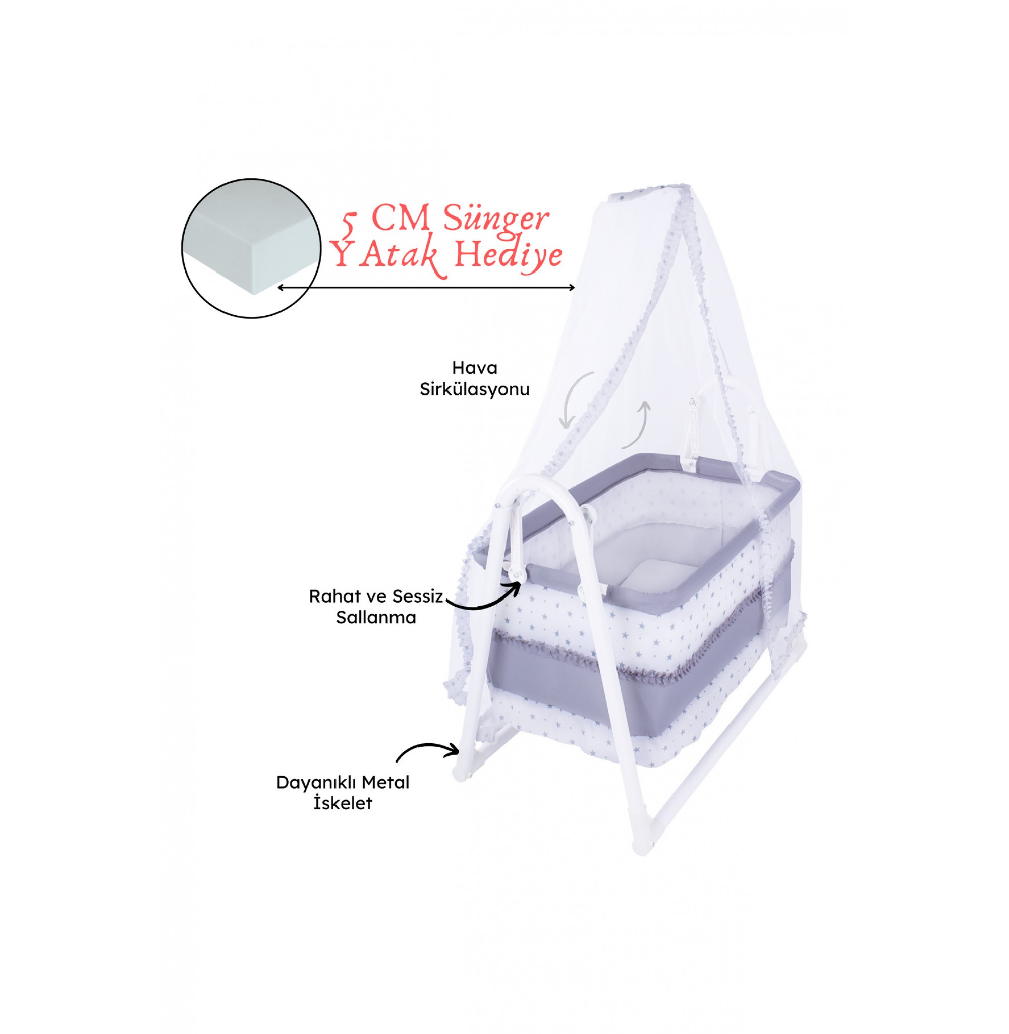 Lüks Sallanır Tüllü Portatif Sepet Beşik Kırmızı 5 CM SÜNGER YATAK