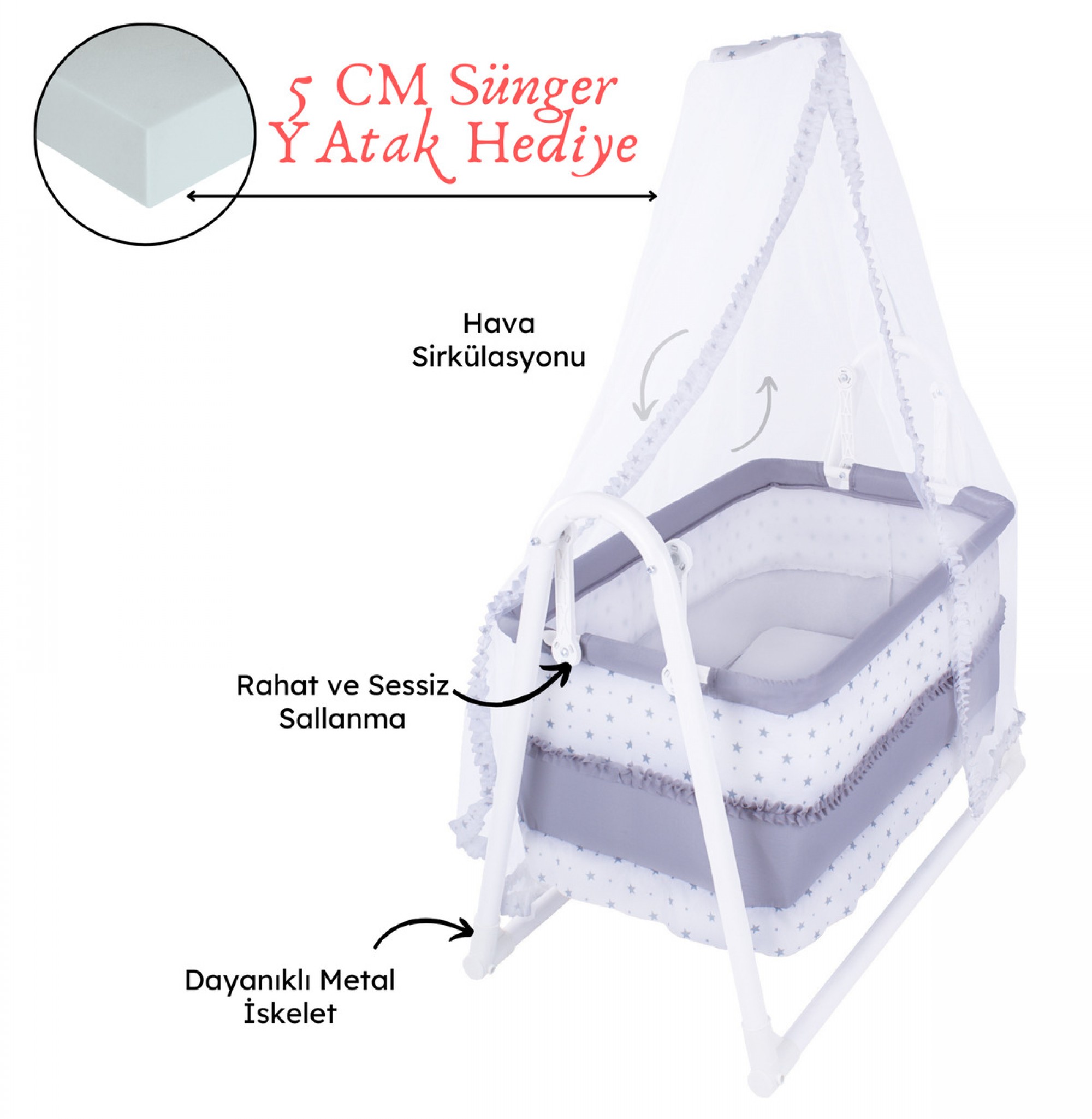 Lüks Sallanır Tüllü Portatif Sepet Beşik Kırmızı 5 CM SÜNGER YATAK