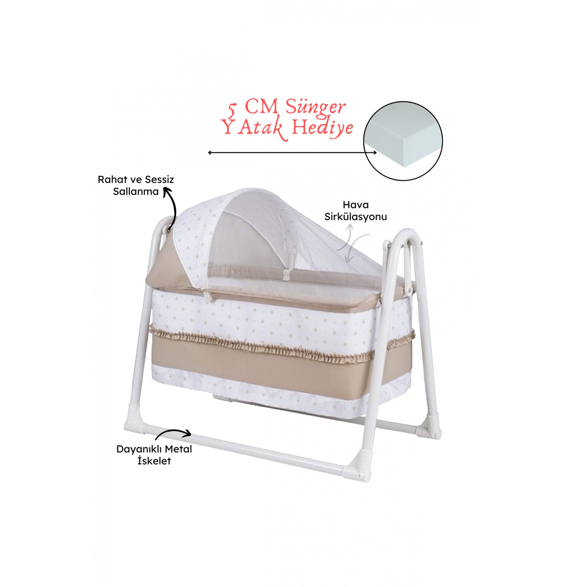 Lüks Sallanır Tenteli Portatif Sepet Beşik 5 CM SÜNGER YATAK