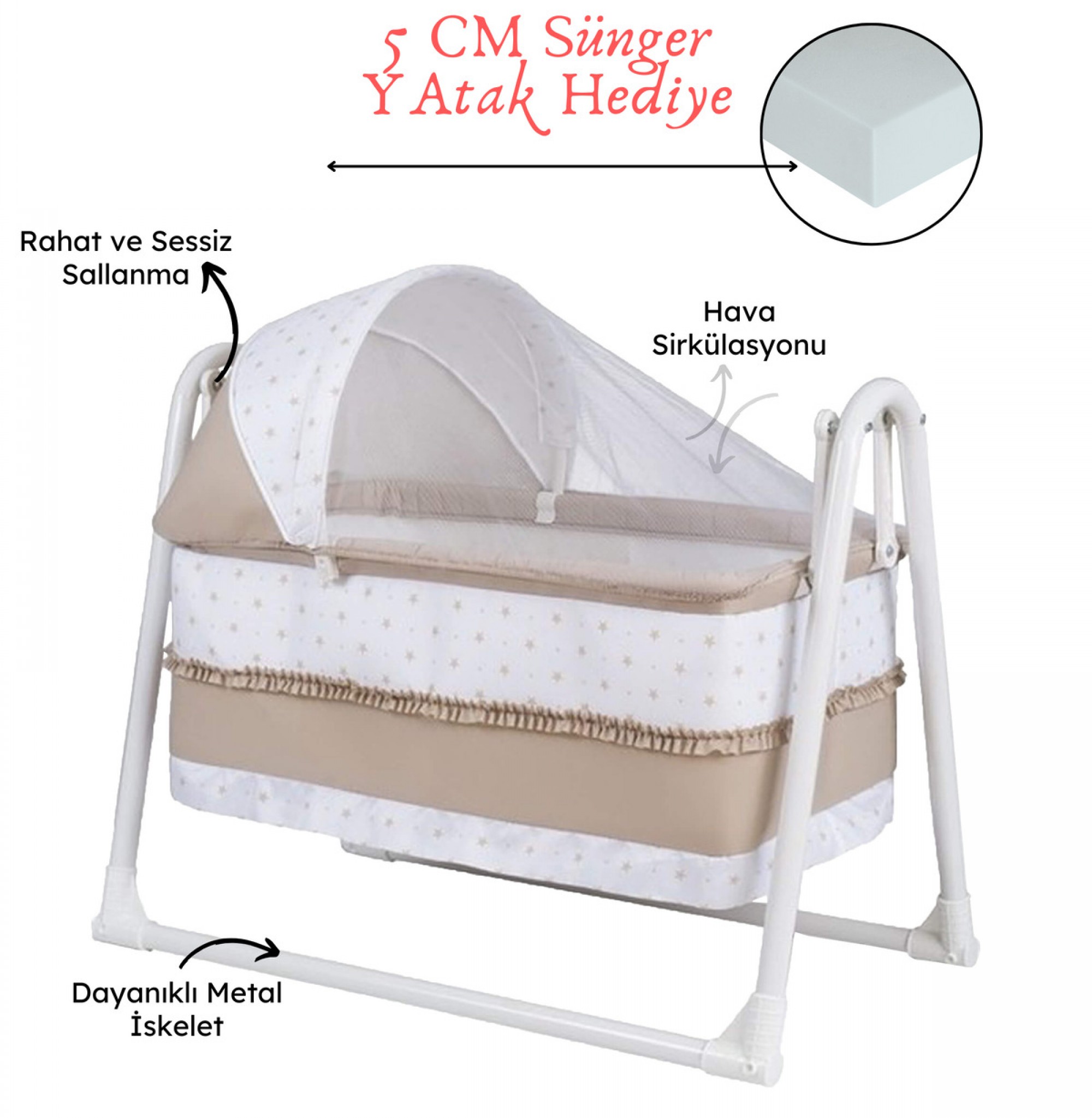 Lüks Sallanır Tenteli Portatif Sepet Beşik 5 CM SÜNGER YATAK