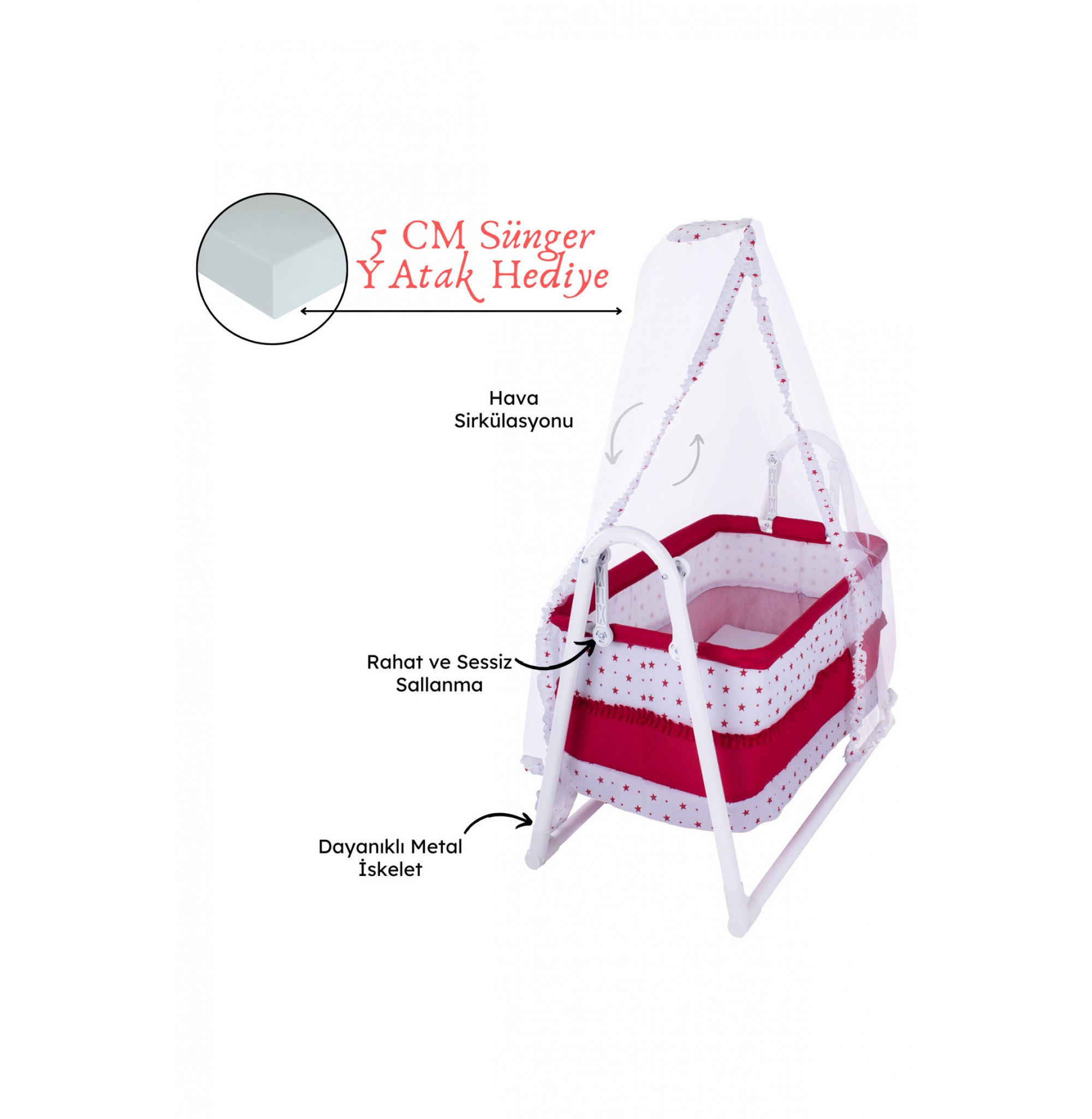 Lüks Sallanır Tüllü Portatif Sepet Beşik Kırmızı 5 CM SÜNGER YATAK