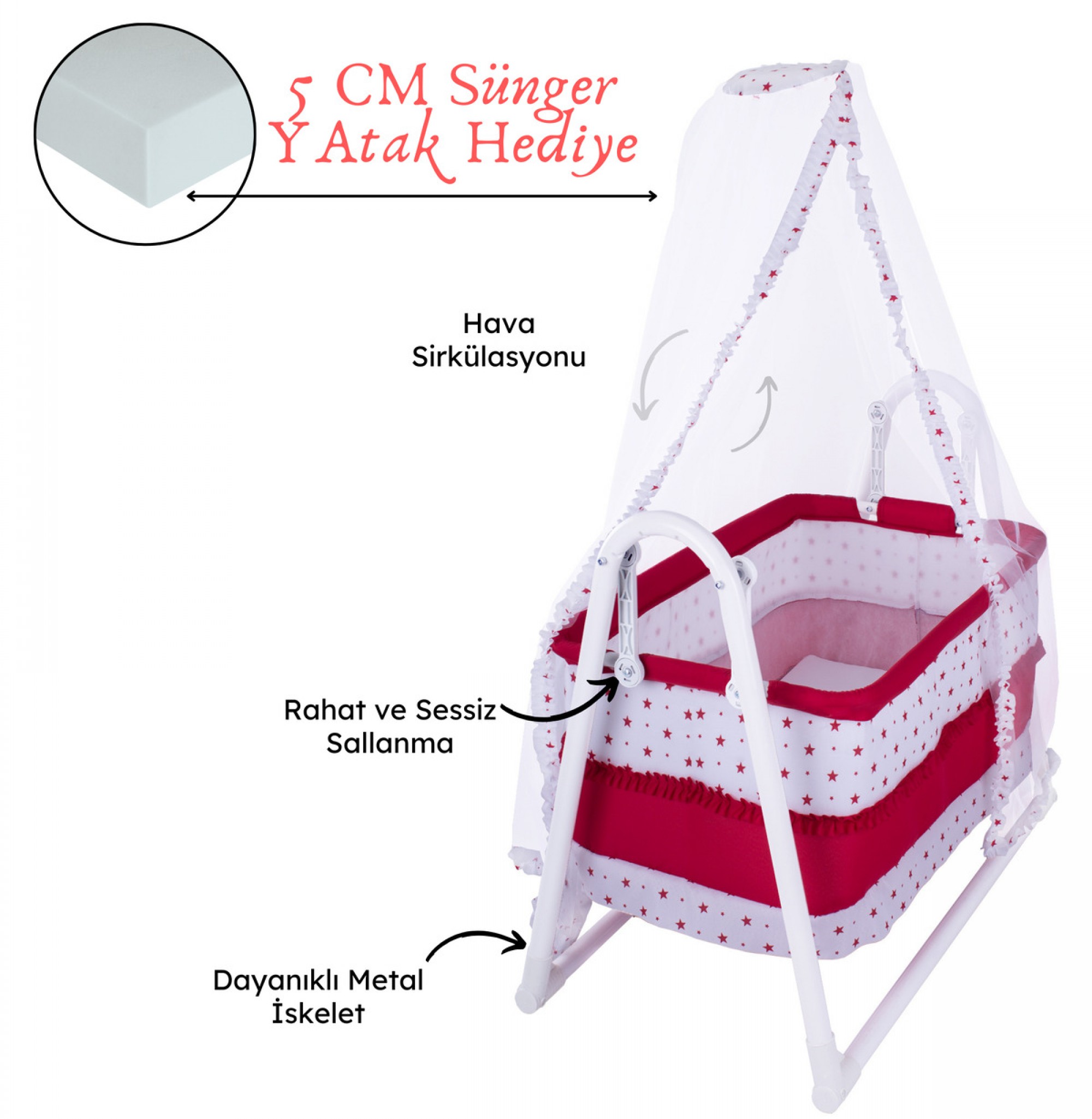 Lüks Sallanır Tüllü Portatif Sepet Beşik Kırmızı 5 CM SÜNGER YATAK
