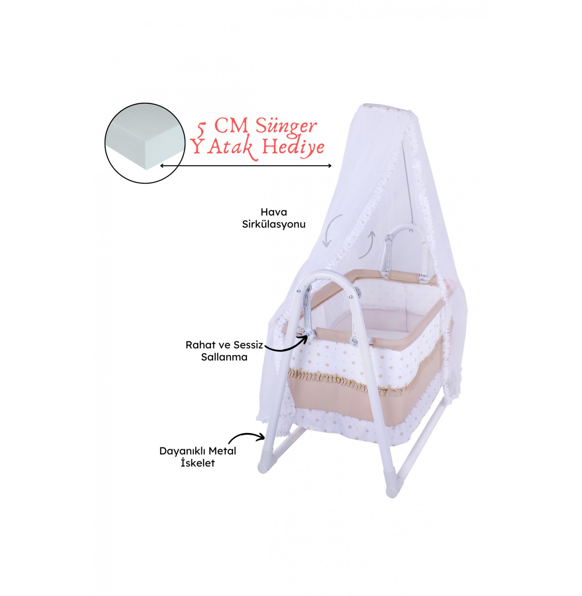 Lüks Sallanır Tüllü Portatif Sepet Beşik Kırmızı 5 CM SÜNGER YATAK