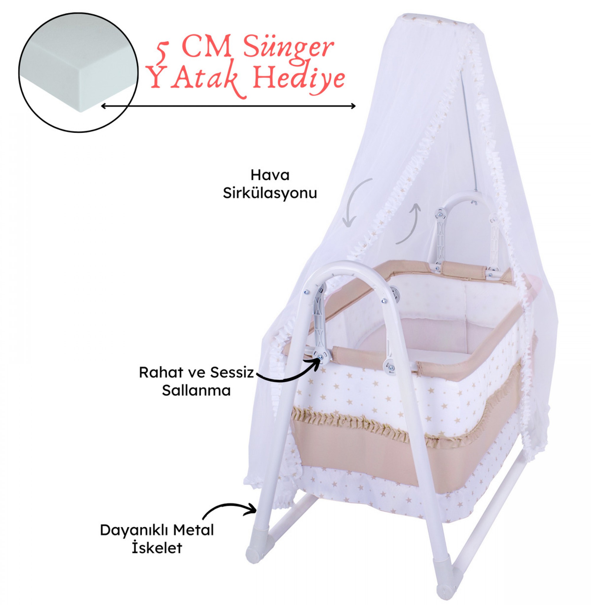 Lüks Sallanır Tüllü Portatif Sepet Beşik Kırmızı 5 CM SÜNGER YATAK