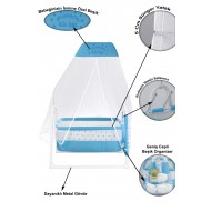 İsme Özel Sallanır Beşik 5 cm Sünger Yataklı Organizerli Tüllü Cibinlikli Bebek Beşiği