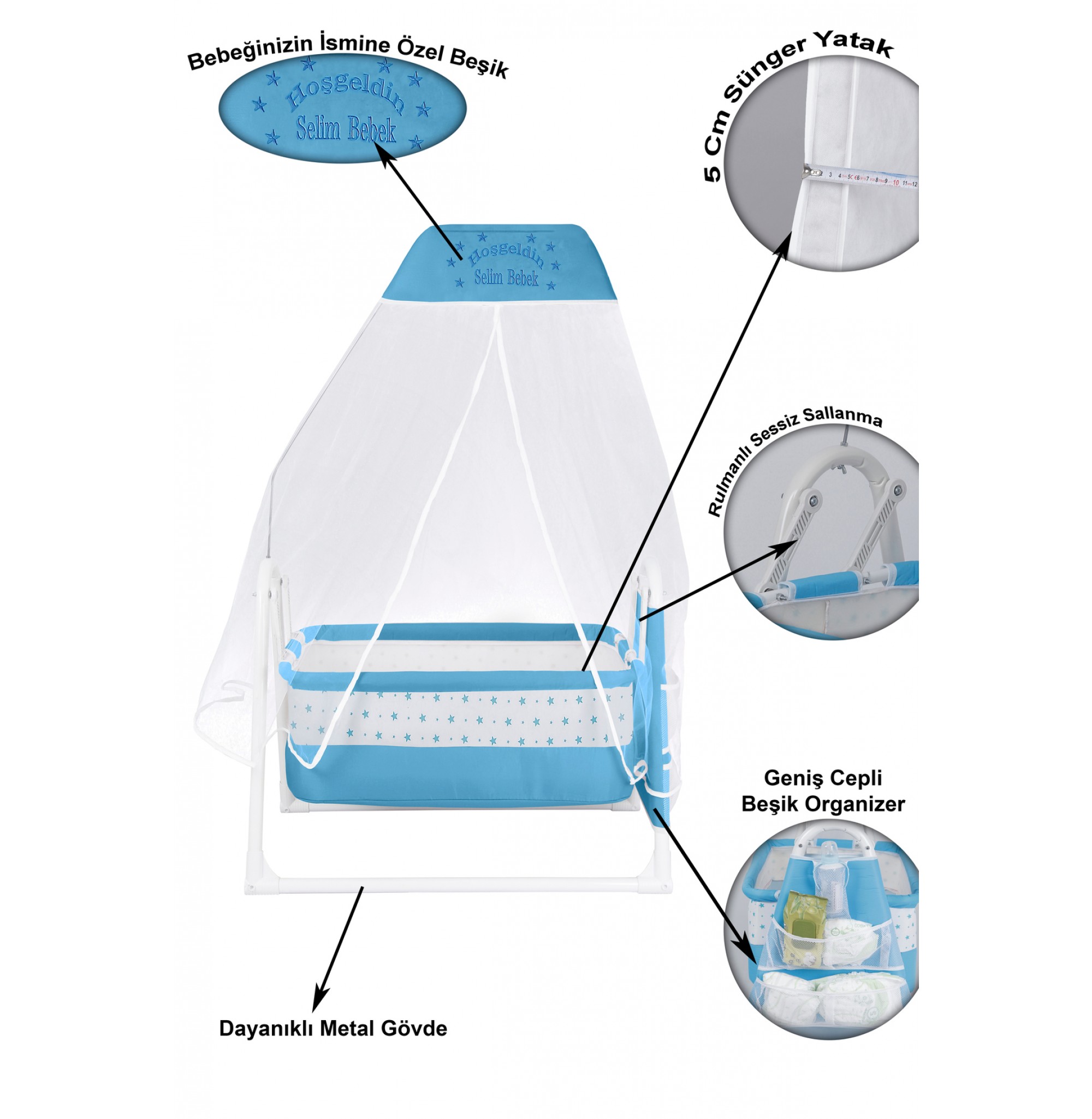 İsme Özel Sallanır Beşik 5 cm Sünger Yataklı Organizerli Tüllü Cibinlikli Bebek Beşiği