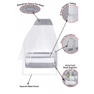 İsme Özel Sallanır Beşik 5 cm Sünger Yataklı Organizerli Tüllü Cibinlikli Bebek Beşiği