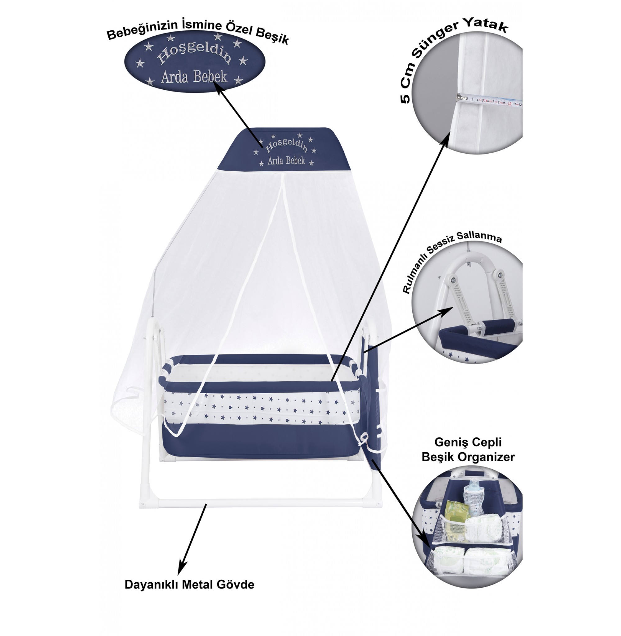 İsme Özel Sallanır Beşik 5 cm Sünger Yataklı Organizerli Tüllü Cibinlikli Bebek Beşiği