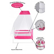 İsme Özel Sallanır Beşik 5 cm Sünger Yataklı Organizerli Tüllü Cibinlikli Bebek Beşiği