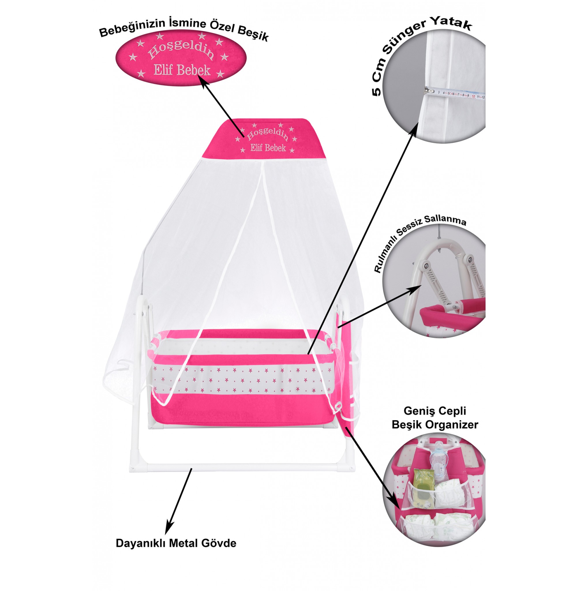 İsme Özel Sallanır Beşik 5 cm Sünger Yataklı Organizerli Tüllü Cibinlikli Bebek Beşiği