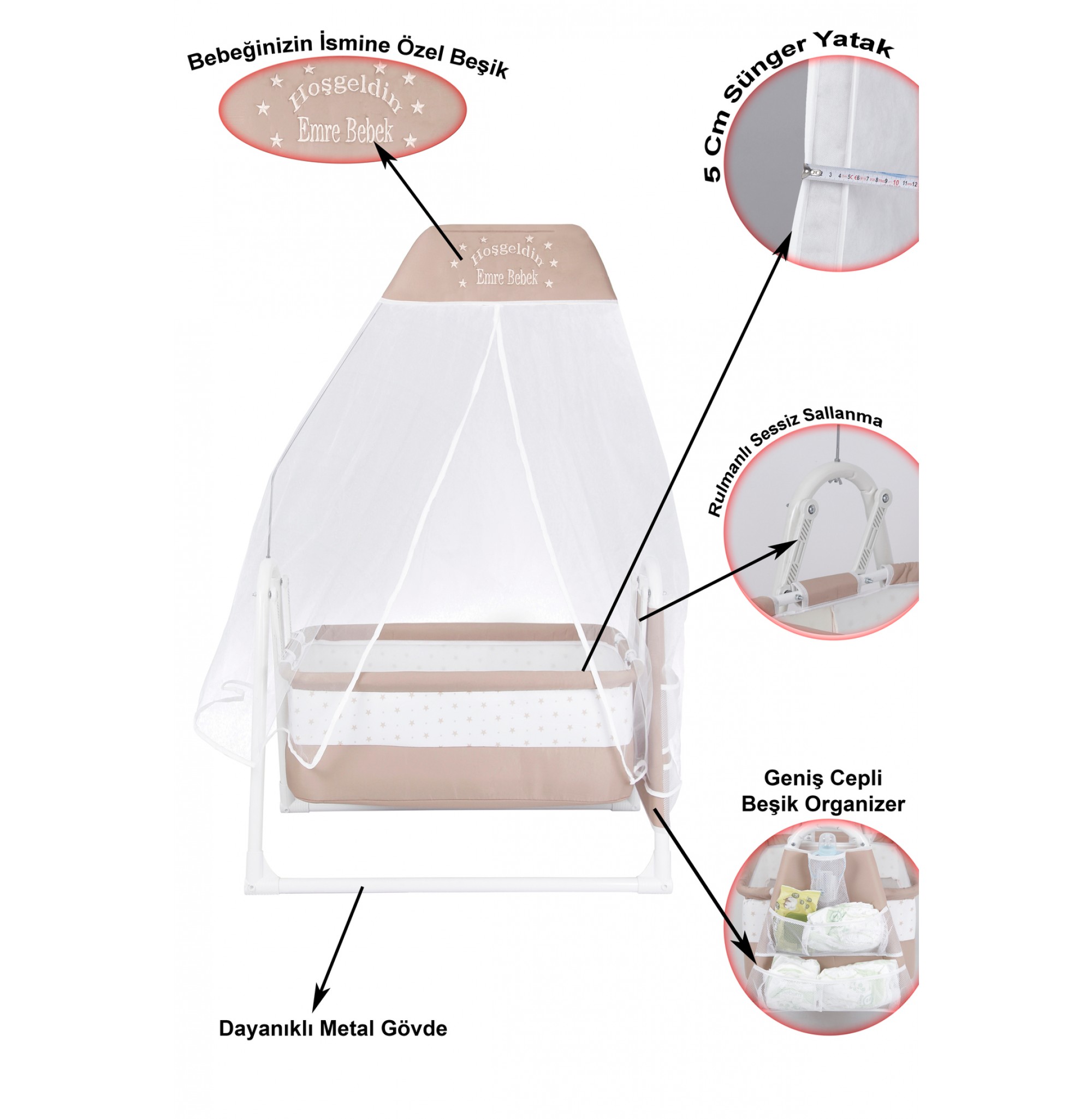 İsme Özel Sallanır Beşik 5 cm Sünger Yataklı Organizerli Tüllü Cibinlikli Bebek Beşiği