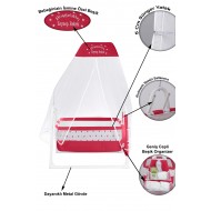 İsme Özel Sallanır Beşik 5 cm Sünger Yataklı Organizerli Tüllü Cibinlikli Bebek Beşiği