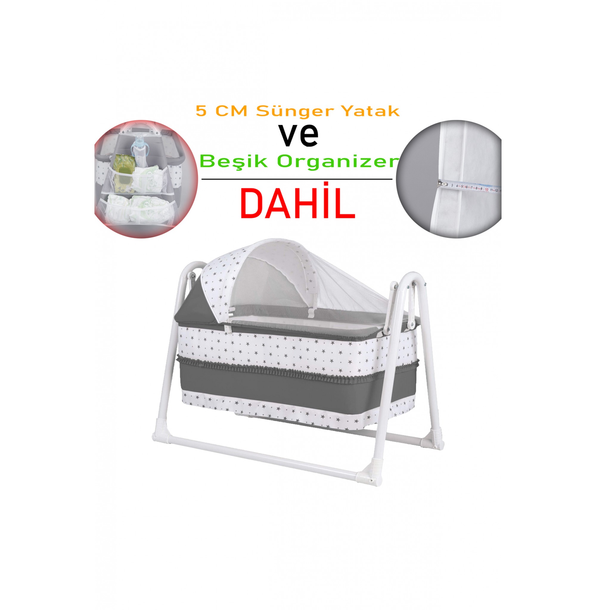 Lüks Sallanır Tenteli Beşik + Organizer + 5 CM Sünger Yatak