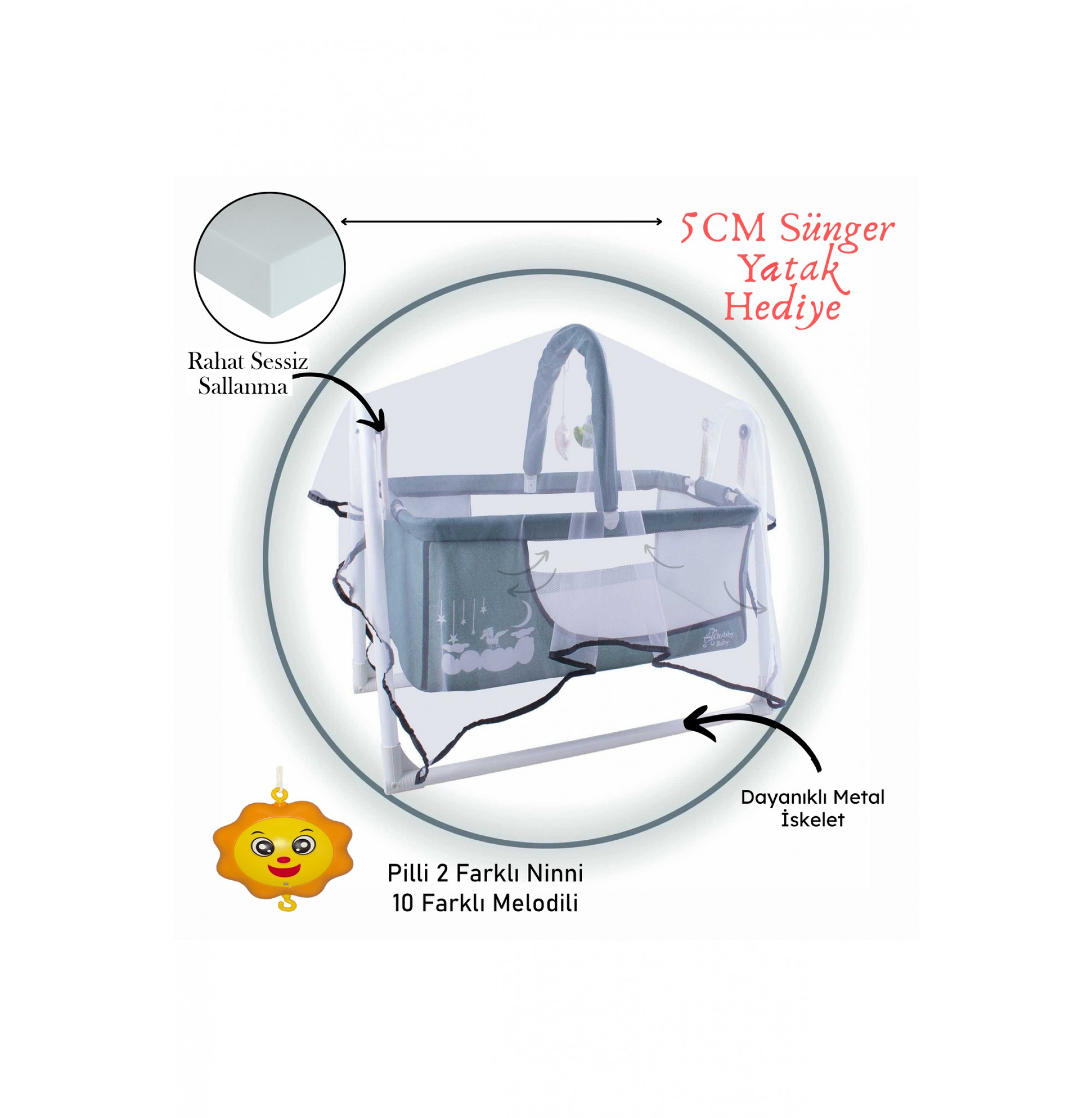 Müzikli Melodi Kutulu Candy Sepet Beşik – Sallanır, 2 Peluş Oyuncaklı Beşik