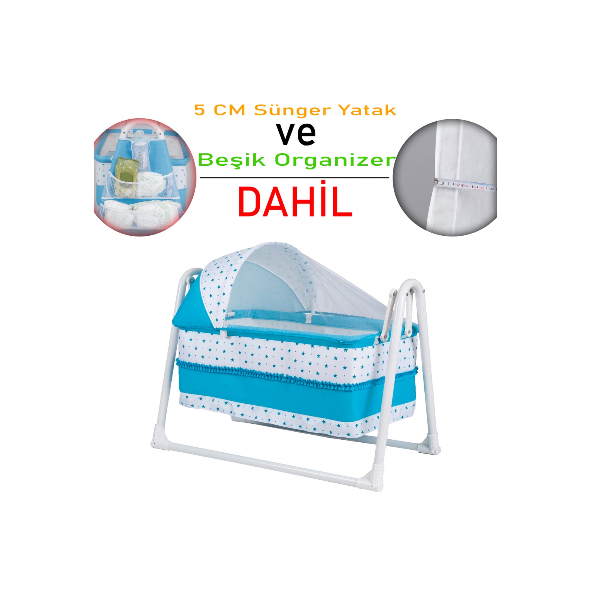 Lüks Sallanır Tenteli Beşik + Organizer + 5 CM Sünger Yatak