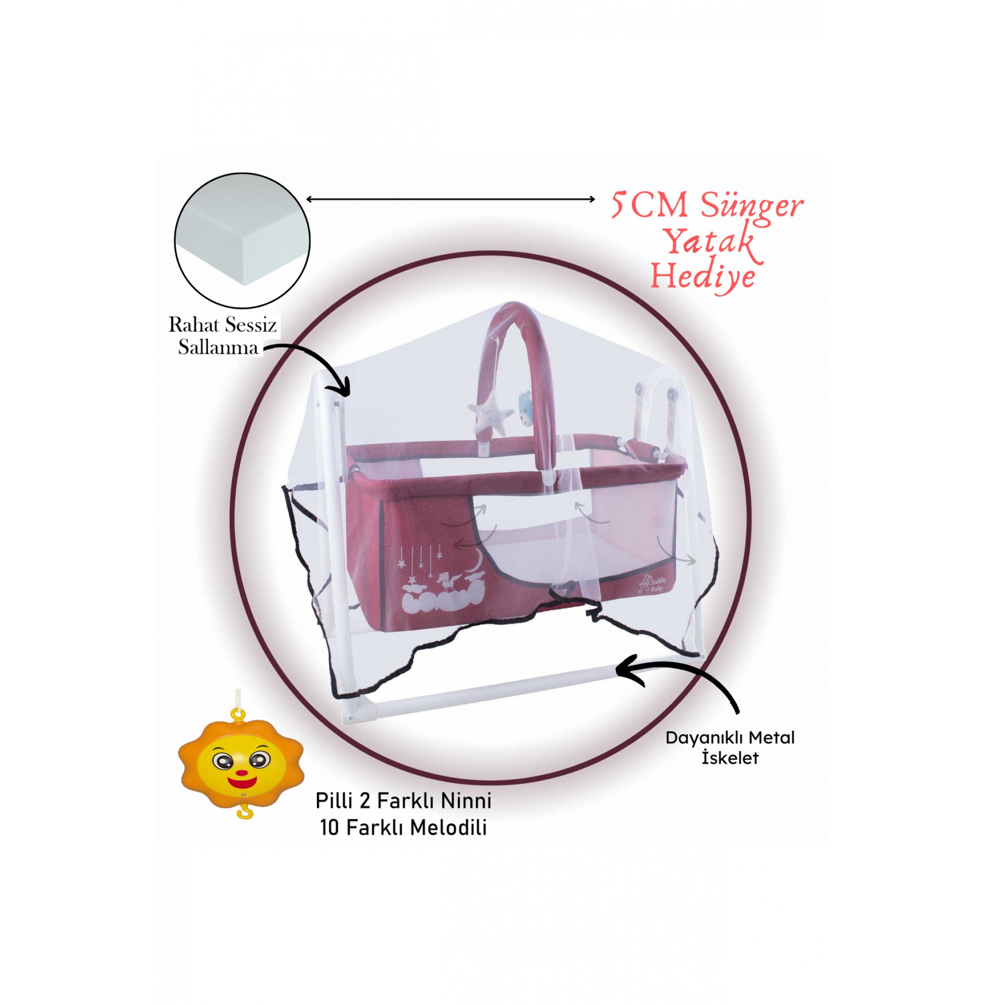 Müzikli Melodi Kutulu Candy Sepet Beşik – Sallanır, 2 Peluş Oyuncaklı Beşik