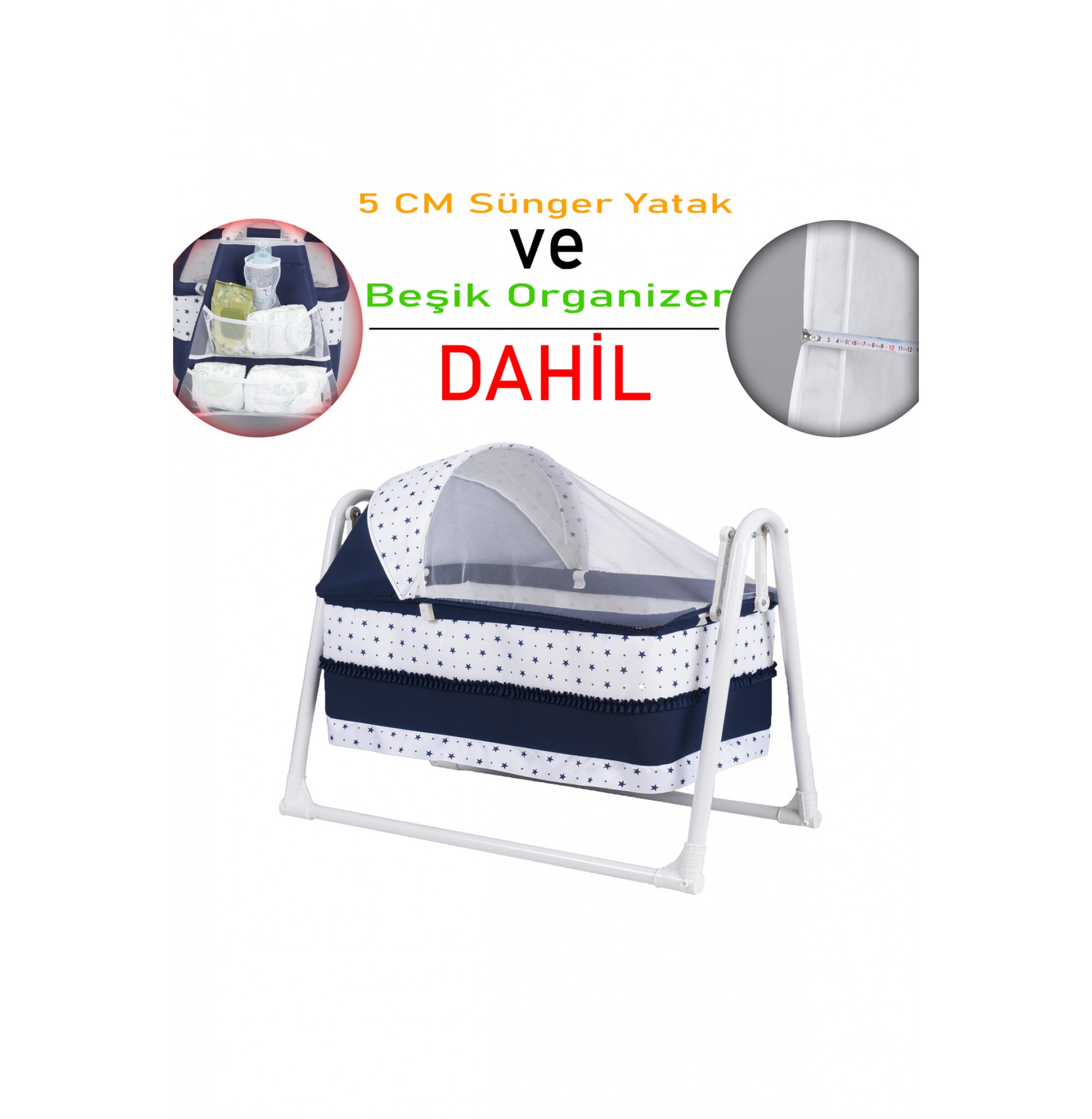 Lüks Sallanır Tenteli Beşik + Organizer + 5 CM Sünger Yatak